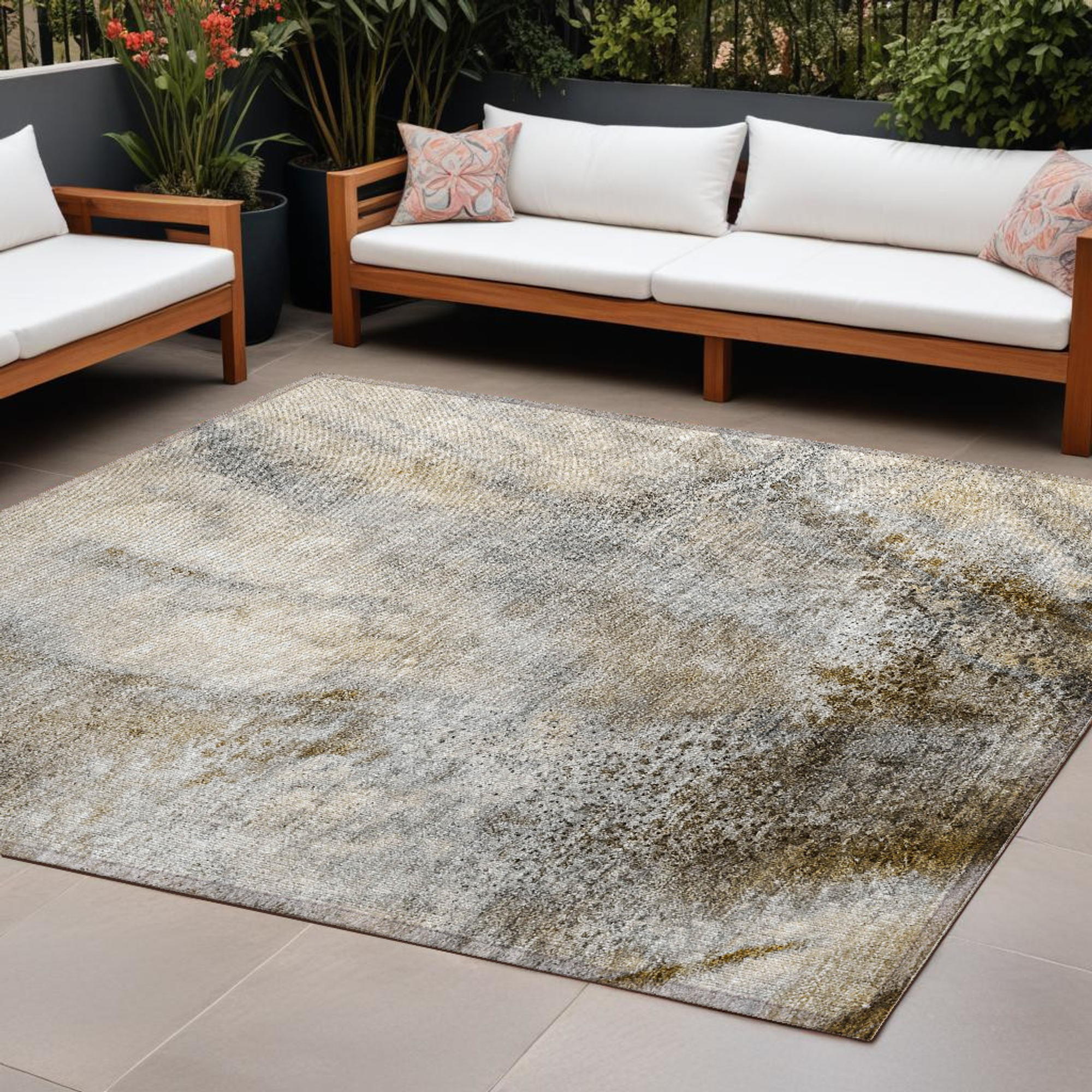 10' X 14' Beige Abstract Washable Non Skid Indoor Outdoor Area Rug - 1 - Sports & Outdoor