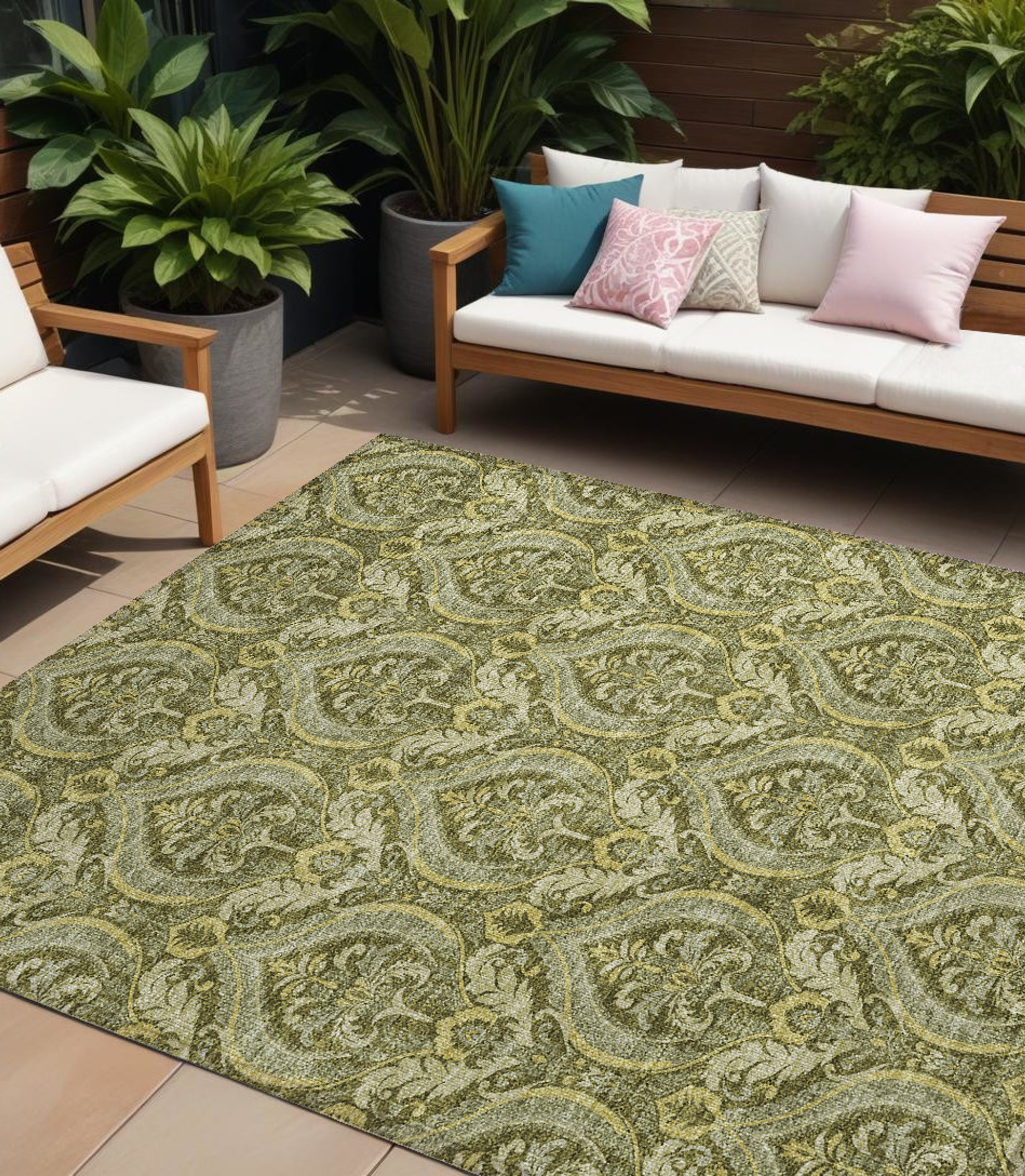 10' X 14' Green Damask Washable Non Skid Indoor Outdoor Area Rug - 1 - Sports & Outdoor