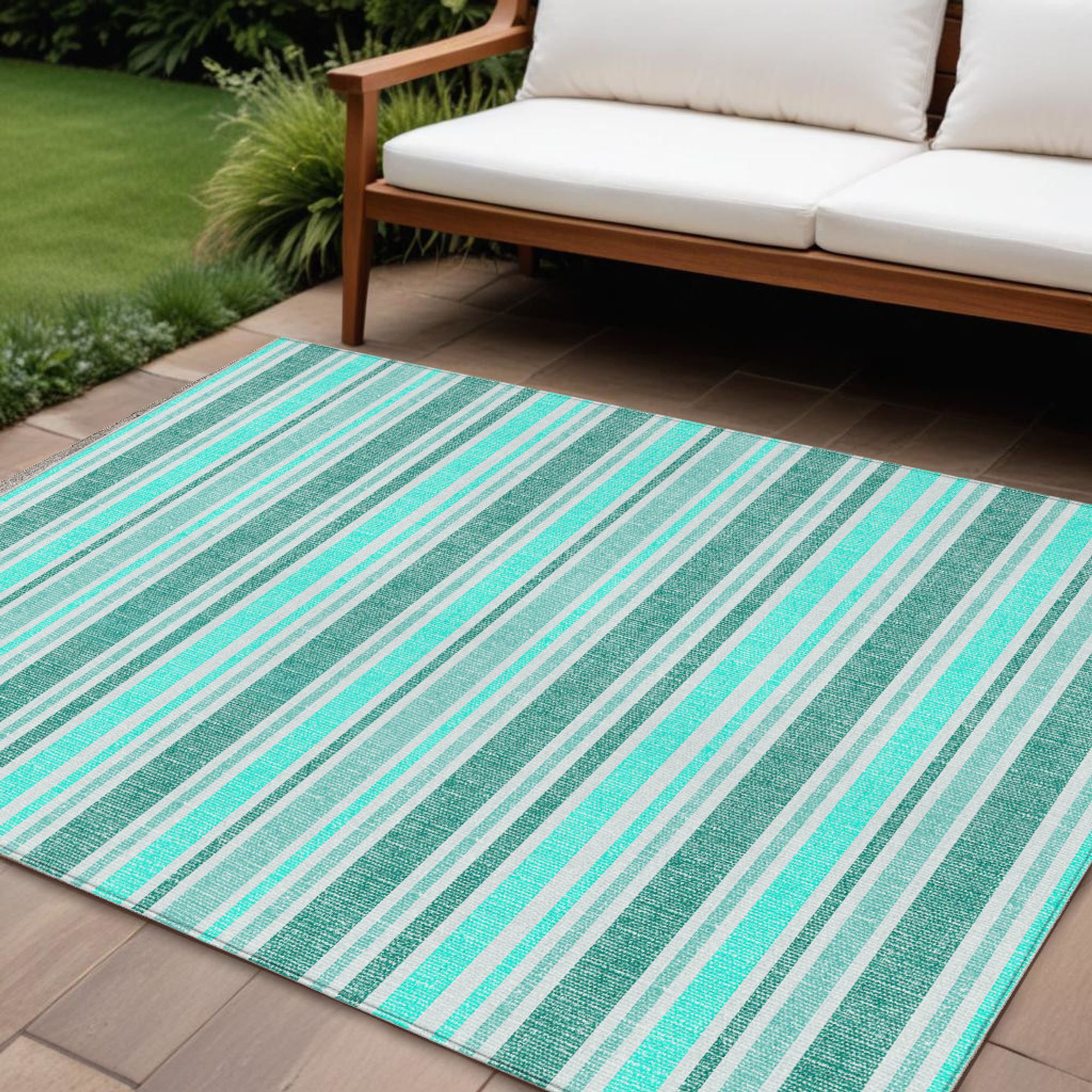 10' X 14' Turquoise Striped Washable Indoor Outdoor Area Rug Sports & Outdoor