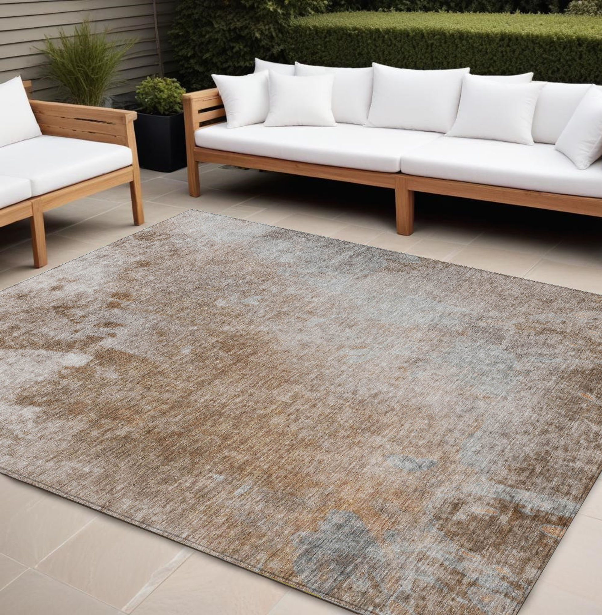 10' X 14' Brown and Off White Abstract Washable Non Skid Indoor Outdoor Area Rug - 1 - Sports & Outdoor