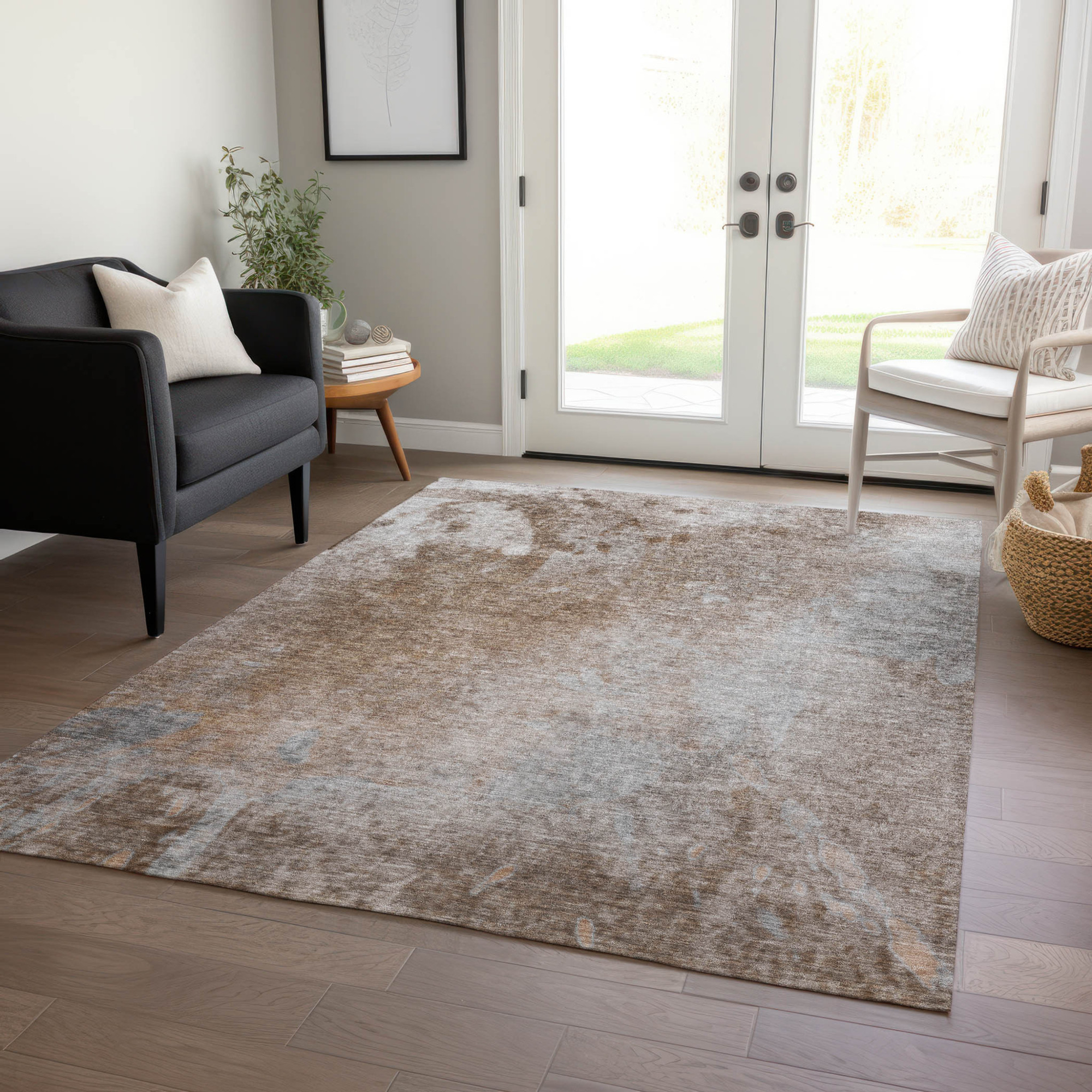 10' X 14' Brown and Off White Abstract Washable Non Skid Indoor Outdoor Area Rug - 1 - Sports & Outdoor
