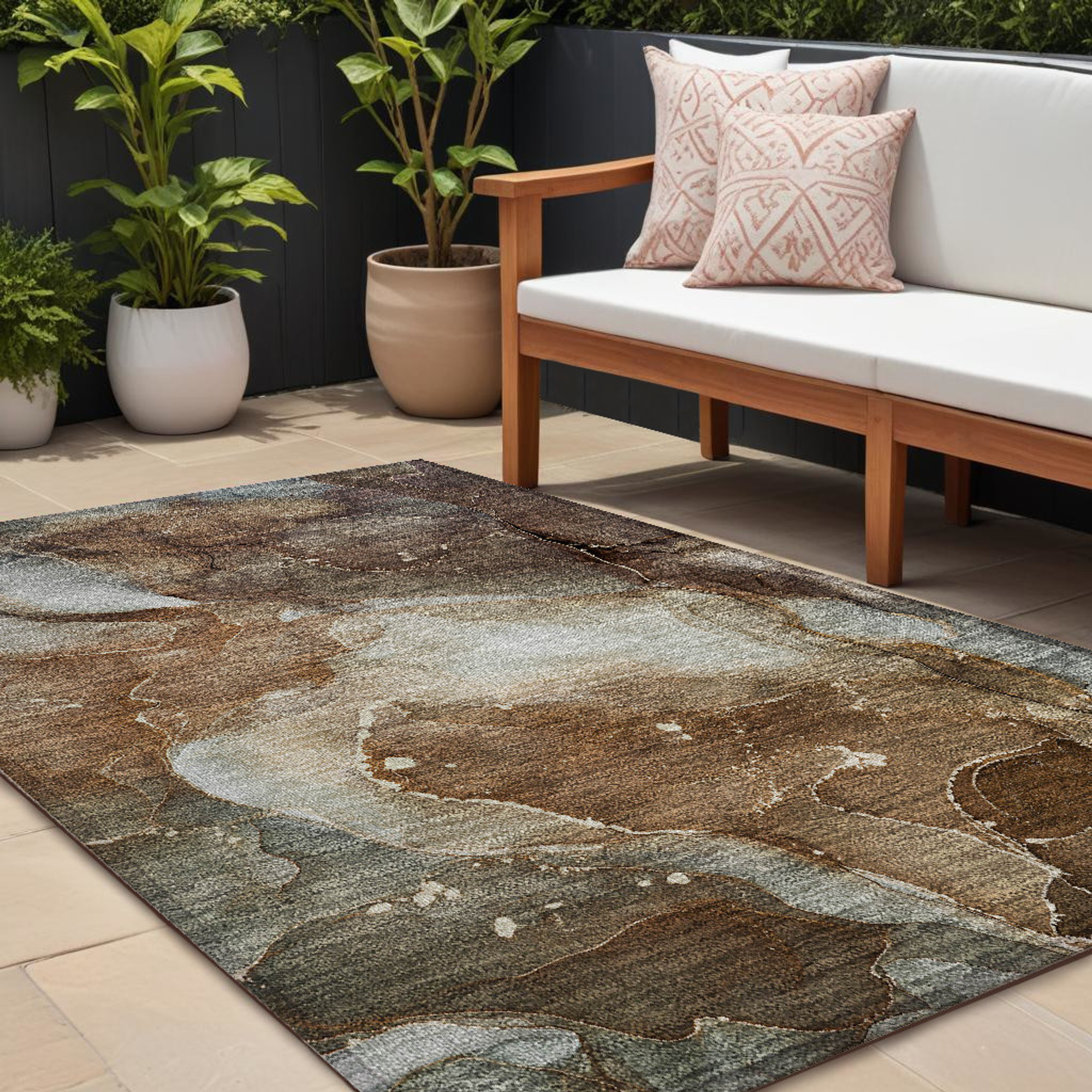 10' X 14' Brown Abstract Washable Non Skid Indoor Outdoor Area Rug - 1 - Sports & Outdoor