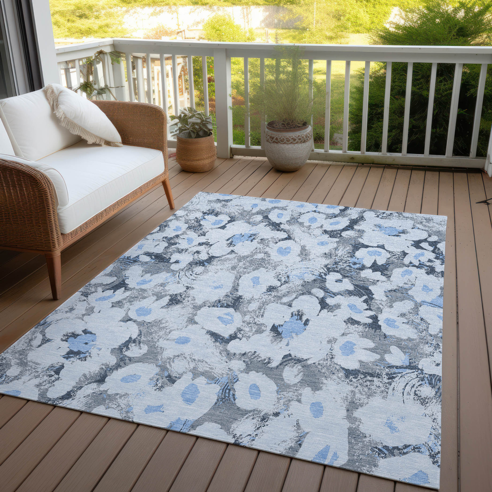 10' X 14' Denim Blue Floral Washable Non Skid Indoor Outdoor Area Rug - 1 - Sports & Outdoor