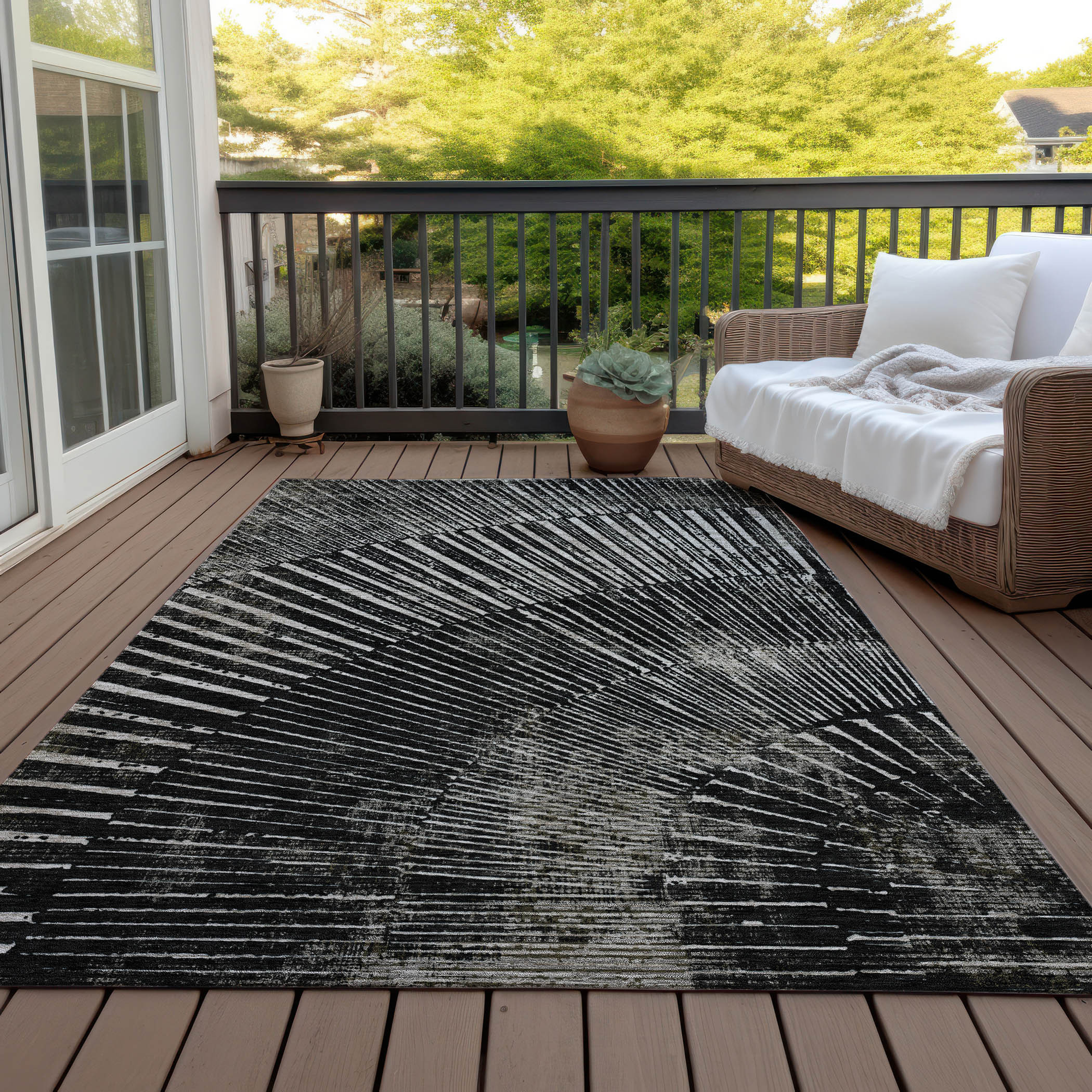 10' X 14' Black and Ivory Abstract Washable Non Skid Indoor Outdoor Area Rug - 1 - Sports & Outdoor