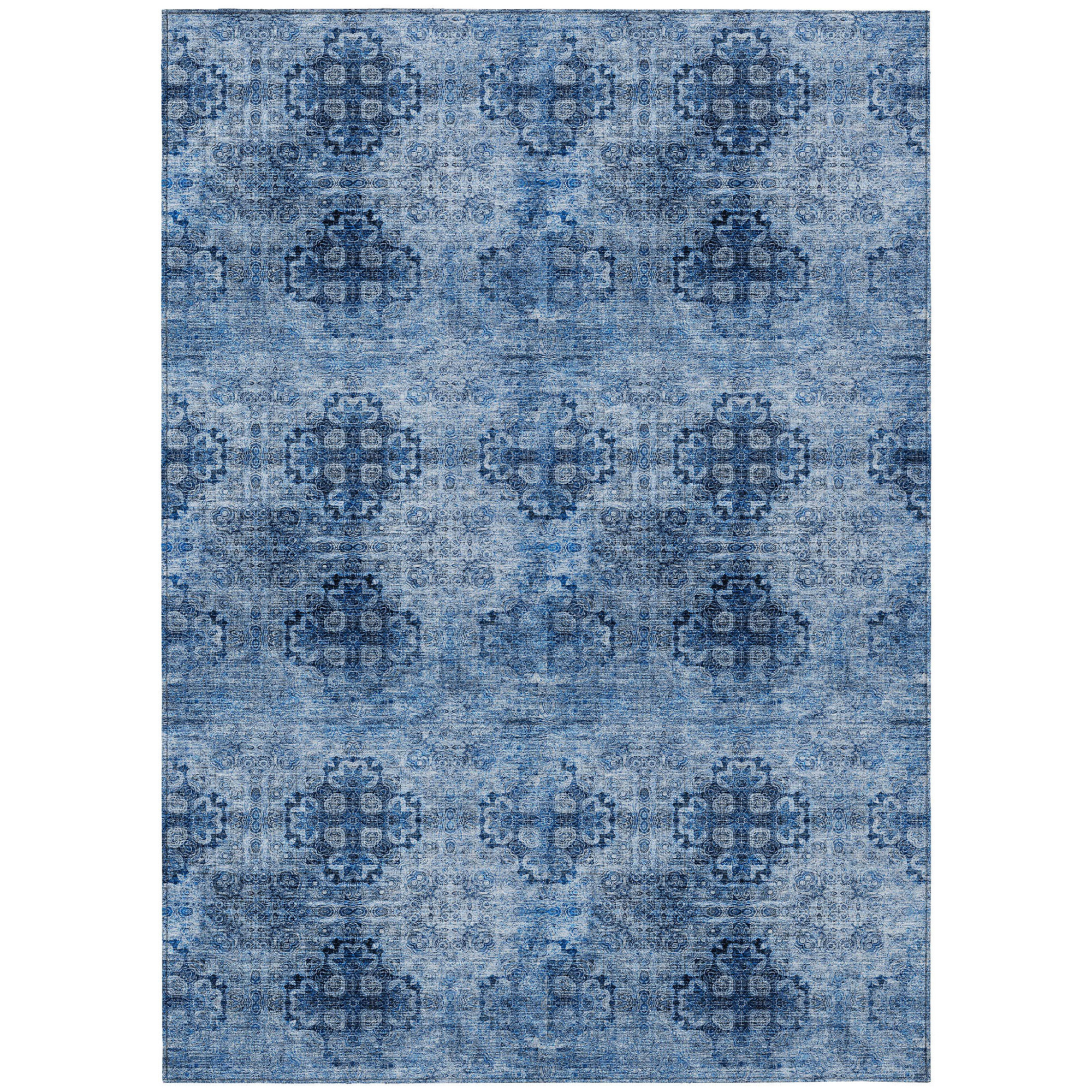 10' X 14' Navy Blue Floral Medallion Washable Non Skid Indoor Outdoor Area Rug - 1 - Sports & Outdoor