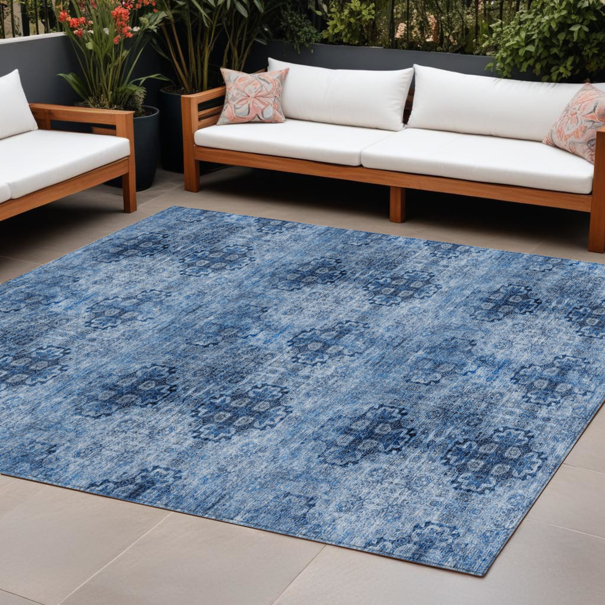 10' X 14' Navy Blue Floral Medallion Washable Non Skid Indoor Outdoor Area Rug - 1 - Sports & Outdoor