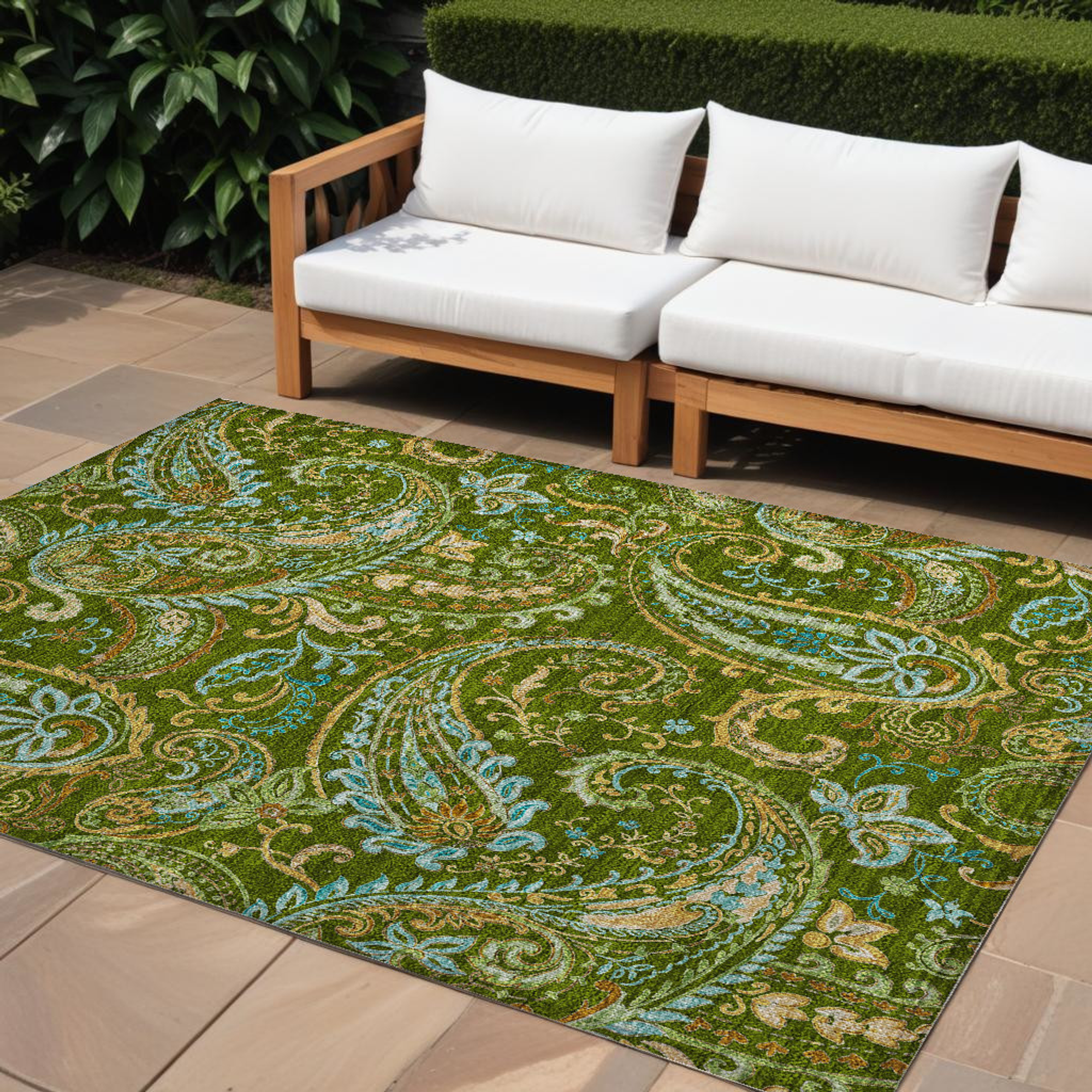 10' X 14' Green Paisley Washable Non Skid Indoor Outdoor Area Rug - 1 - Sports & Outdoor