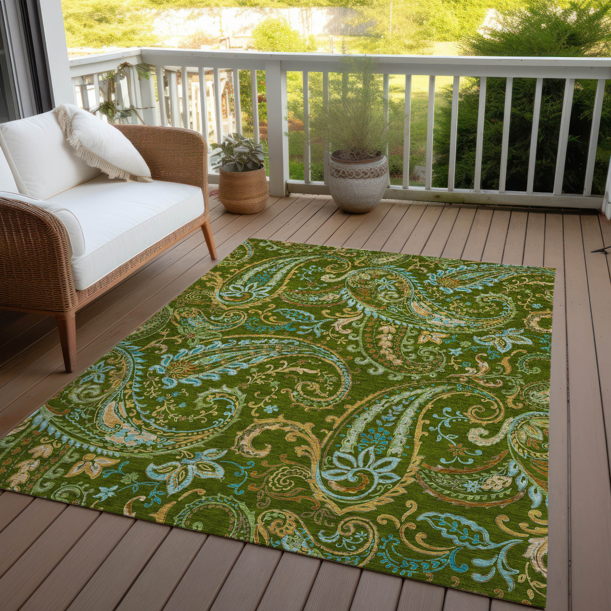 10' X 14' Green Paisley Washable Non Skid Indoor Outdoor Area Rug - 1 - Sports & Outdoor