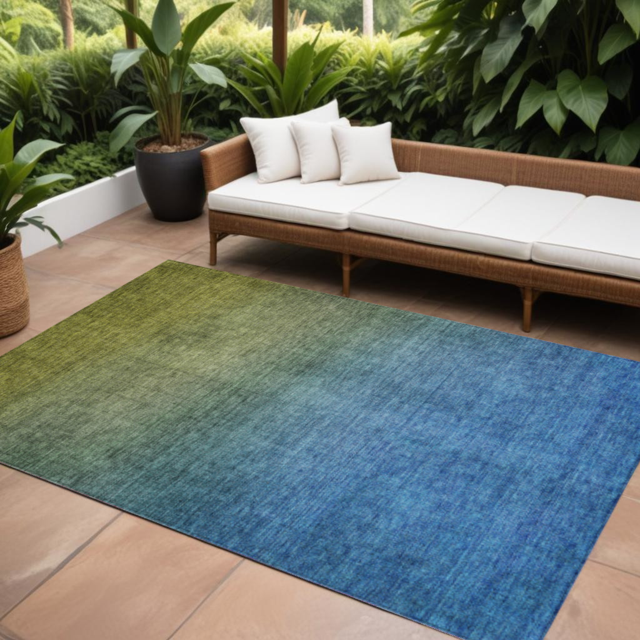 10' X 14' Olive Green Blue And Navy Blue Ombre Washable Indoor Outdoor Area Rug - 1 - Sports & Outdoor