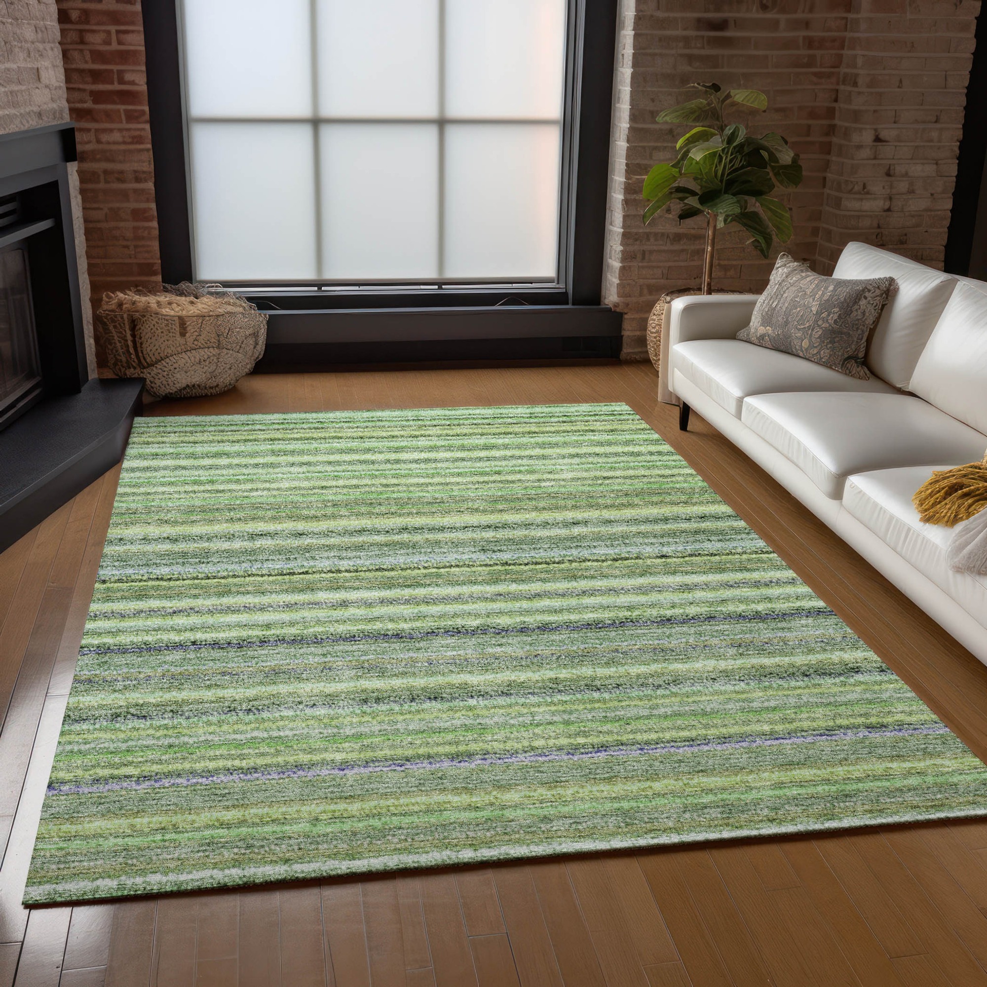 10' X 14' Artichoke Green And Olive Green Striped Washable Indoor Outdoor Area Rug - 1 - Sports & Outdoor