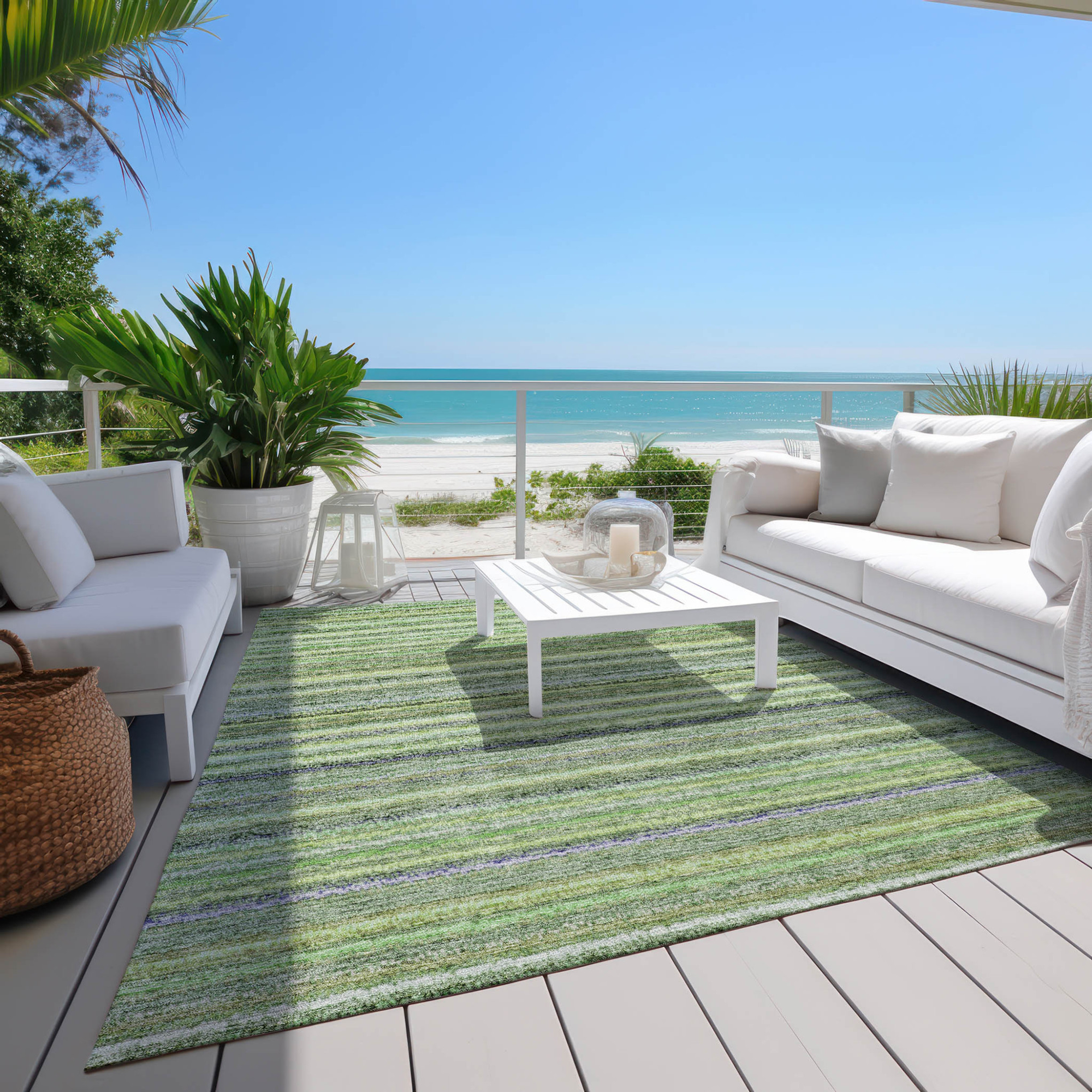 10' X 14' Artichoke Green And Olive Green Striped Washable Indoor Outdoor Area Rug - 1 - Sports & Outdoor