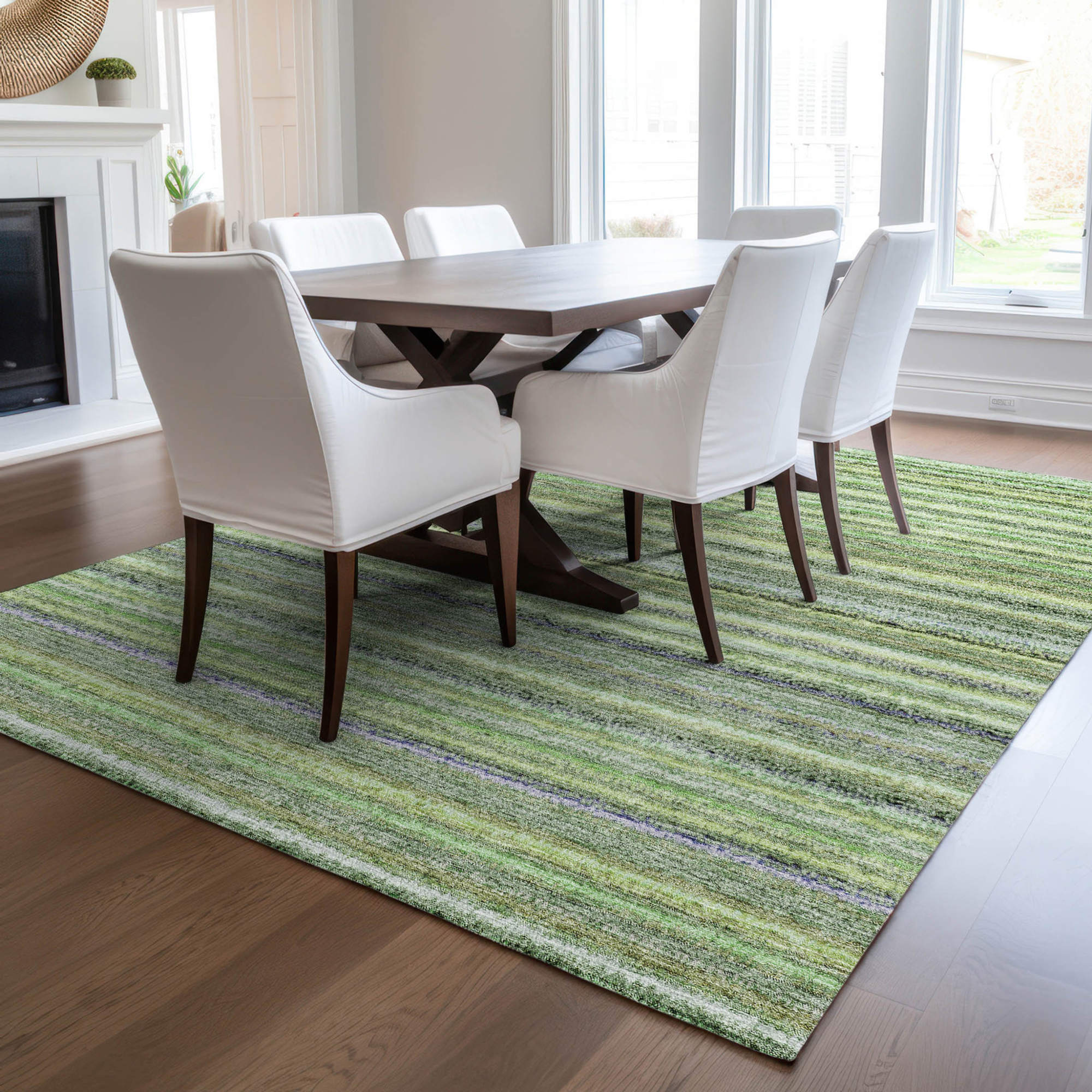 10' X 14' Artichoke Green And Olive Green Striped Washable Indoor Outdoor Area Rug - 1 - Sports & Outdoor