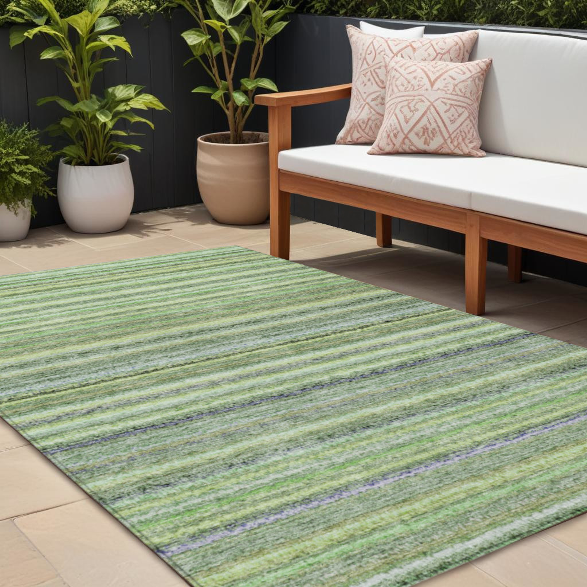 10' X 14' Artichoke Green And Olive Green Striped Washable Indoor Outdoor Area Rug - 1 - Sports & Outdoor