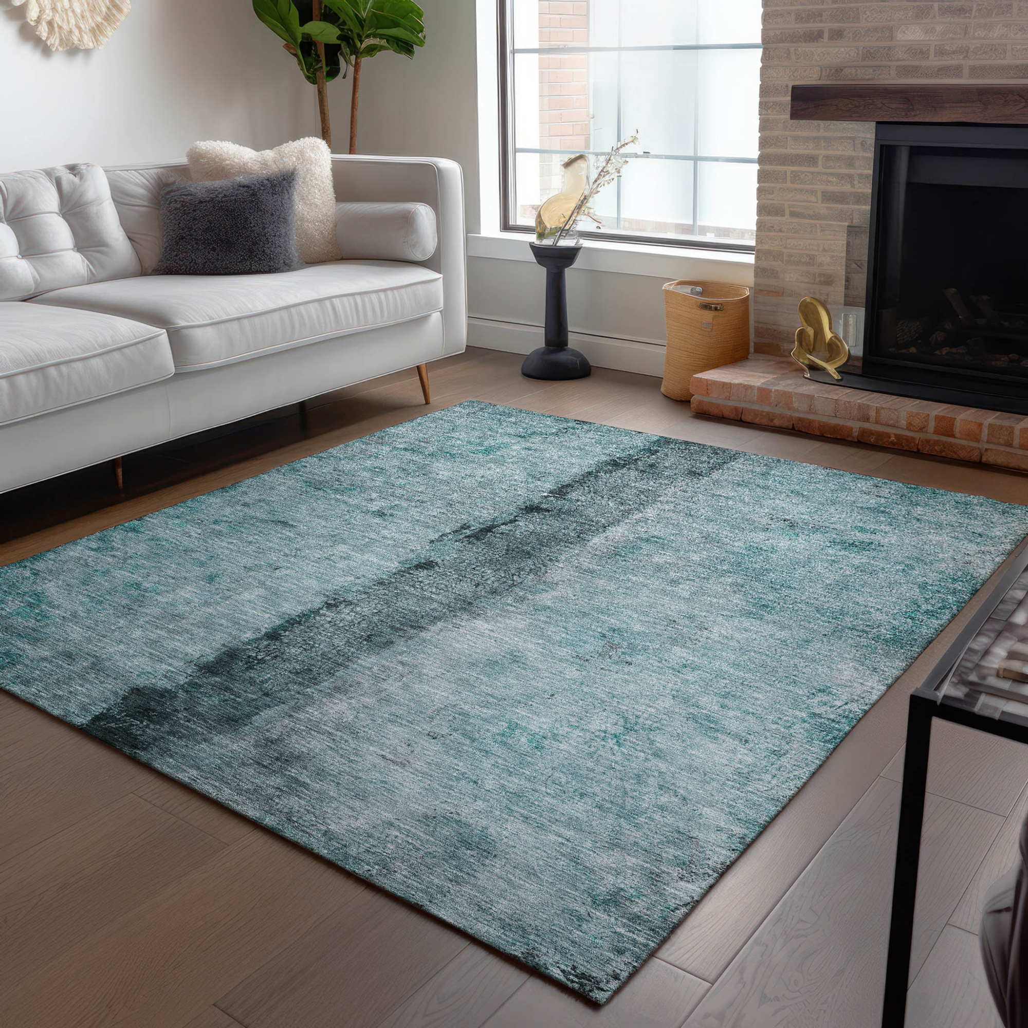 10' X 14' Teal Blue Aqua And Charcoal Abstract Washable Indoor Outdoor Area Rug Sports & Outdoor