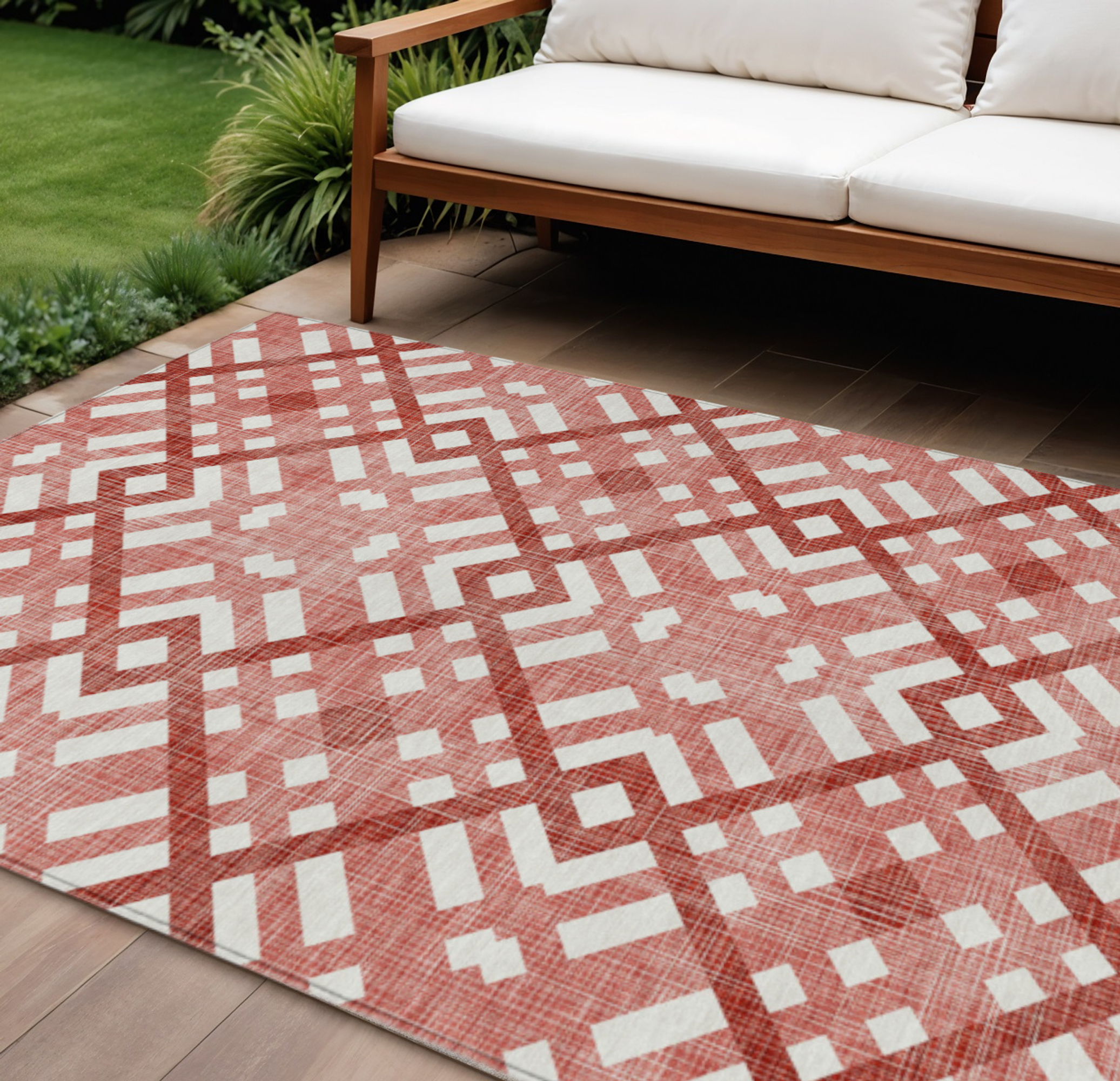 9' X 12' Red And Ivory Geometric Washable Indoor Outdoor Area Rug Sports & Outdoor