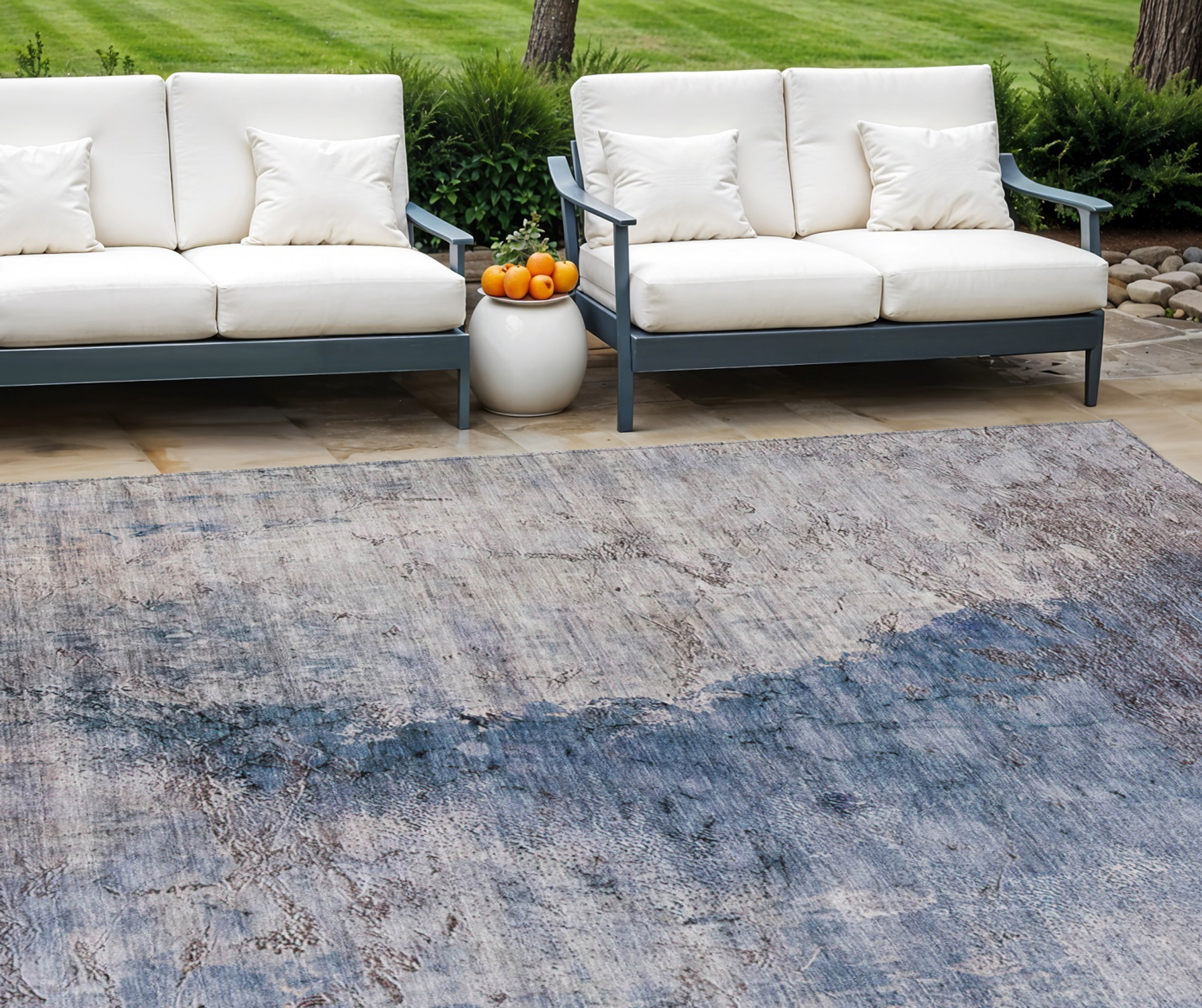 10' X 14' Navy Blue And Gray Abstract Washable Indoor Outdoor Area Rug - 1 - Sports & Outdoor