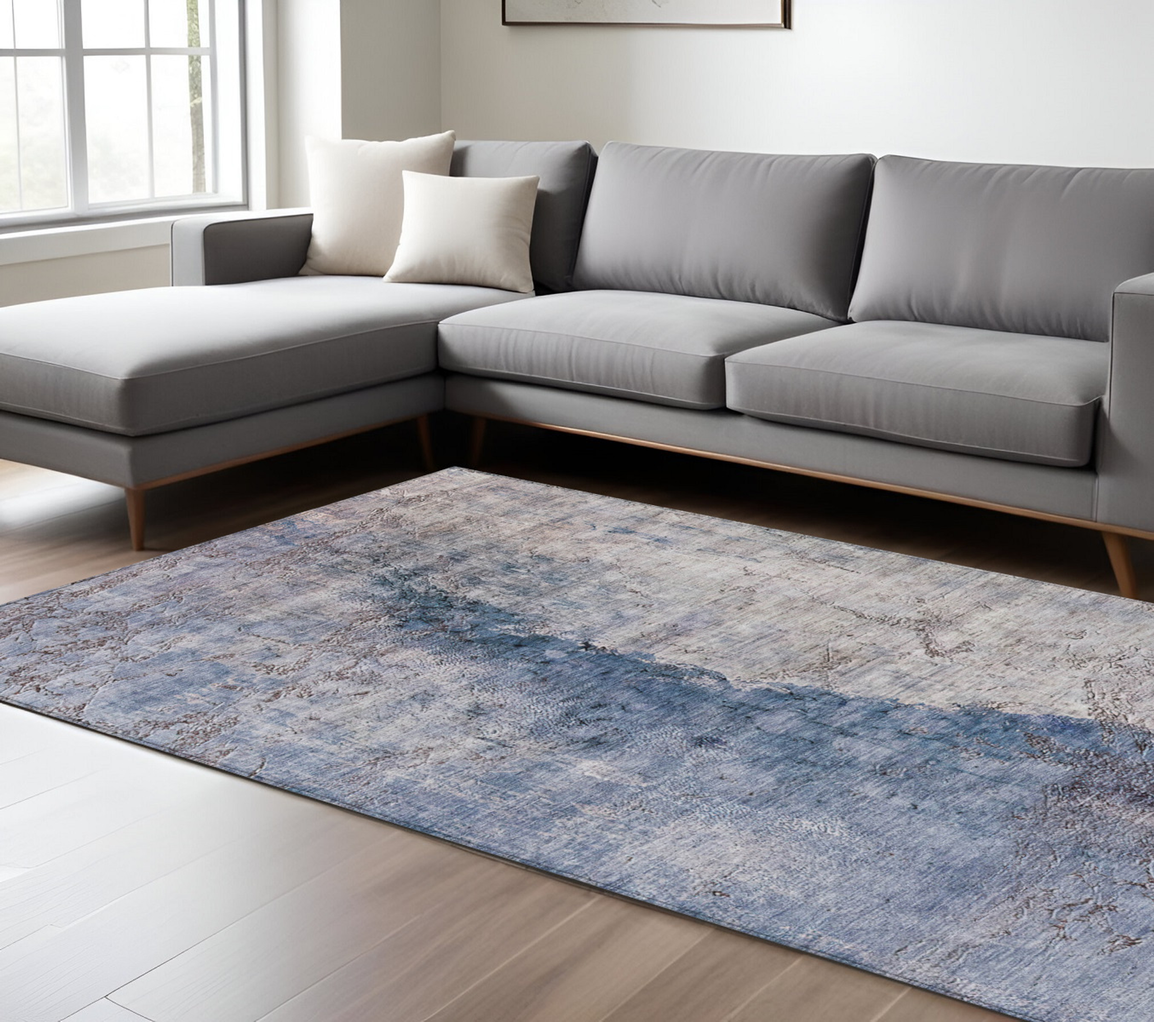 10' X 14' Navy Blue And Gray Abstract Washable Indoor Outdoor Area Rug - 1 - Sports & Outdoor