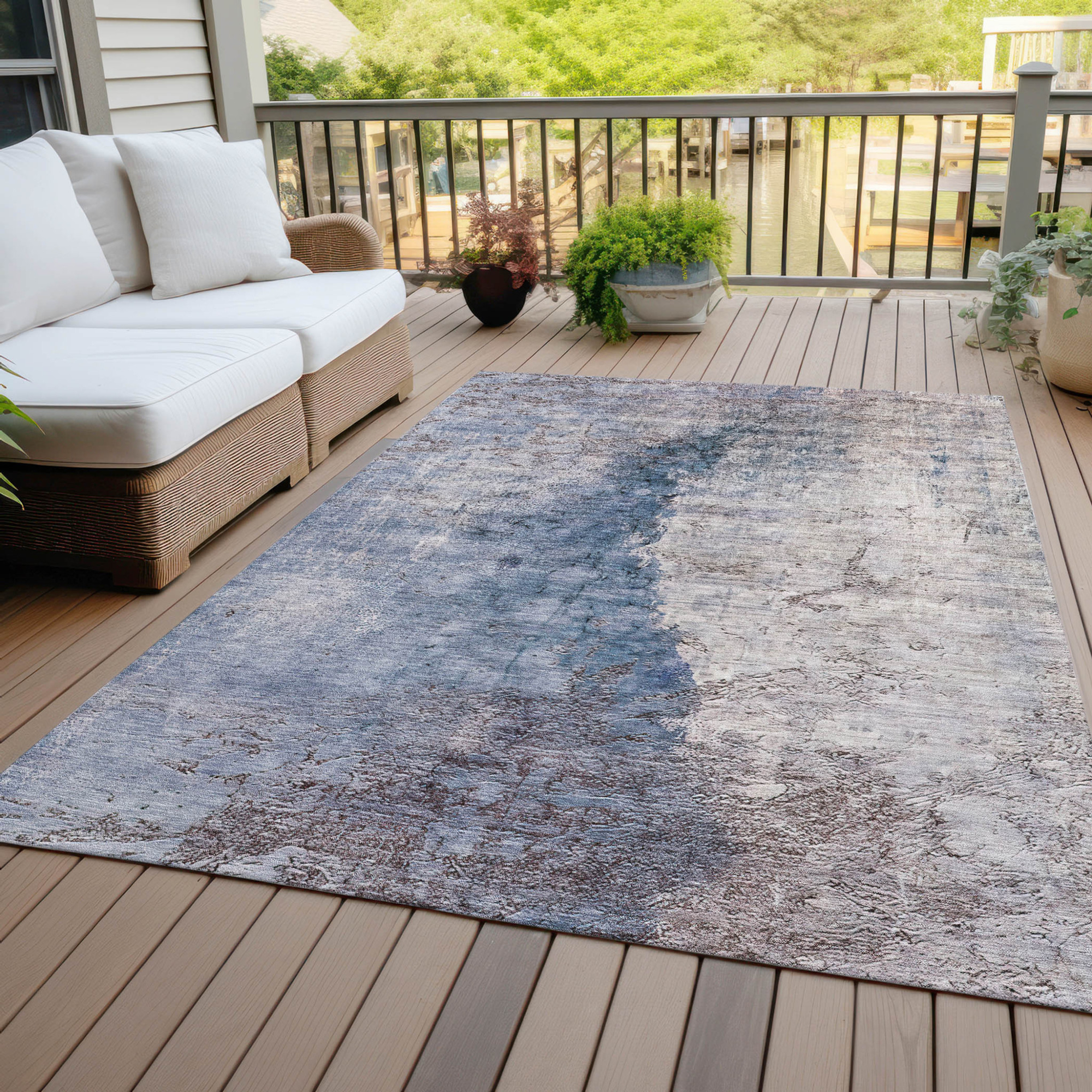 10' X 14' Navy Blue And Gray Abstract Washable Indoor Outdoor Area Rug - 1 - Sports & Outdoor