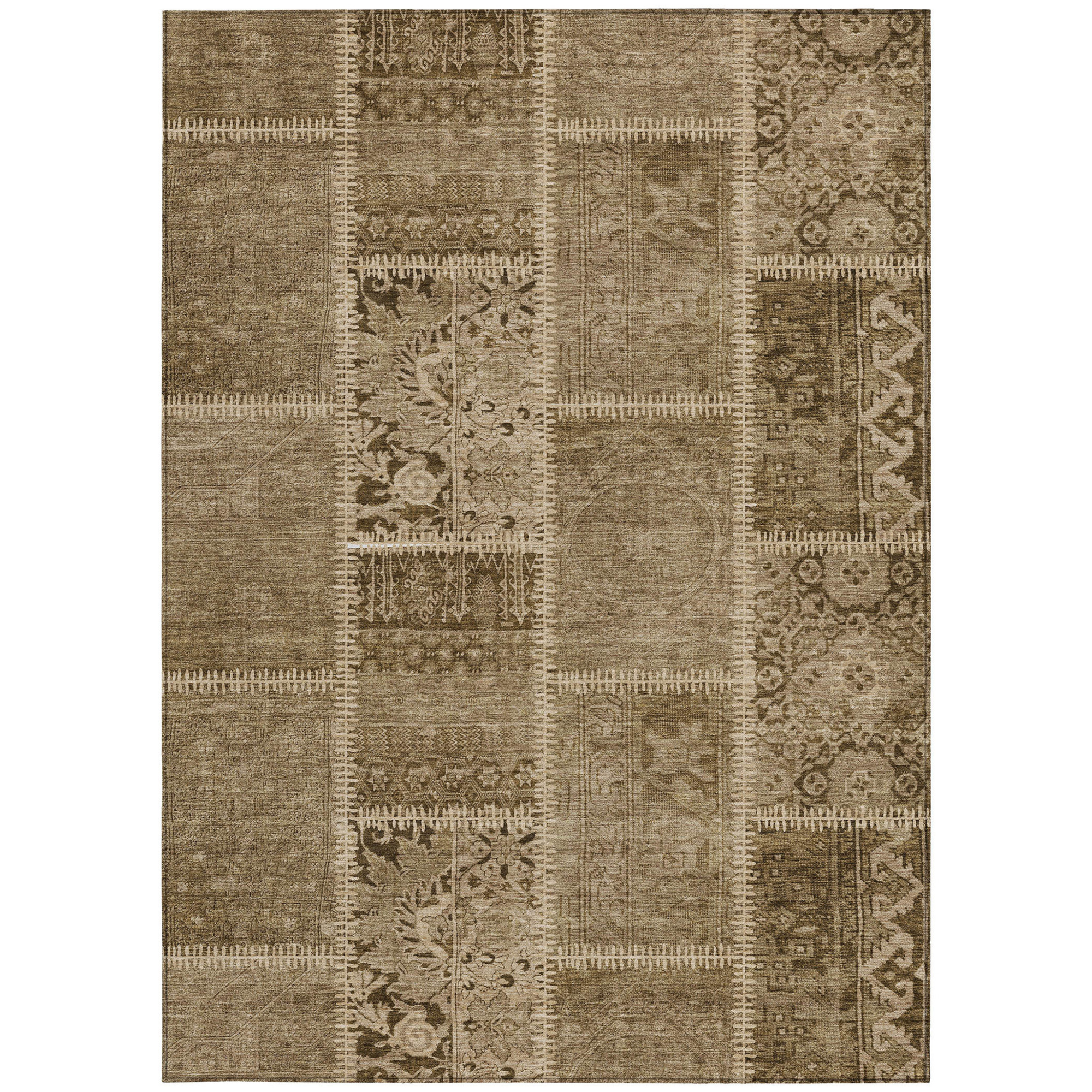 10' X 14' Brown And Beige Patchwork Washable Indoor Outdoor Area Rug - 1 - Sports & Outdoor