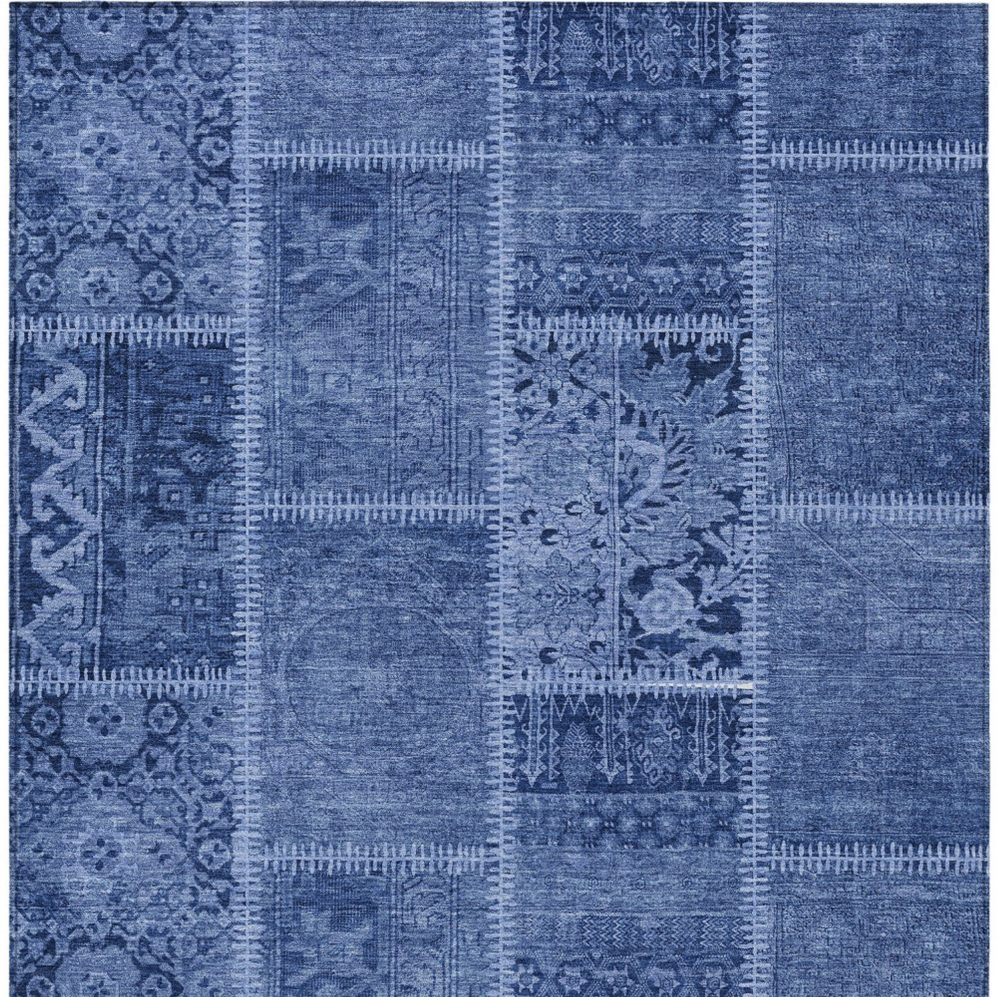 10' X 14' Navy Blue And Denim Blue Patchwork Washable Indoor Outdoor Area Rug - 1 - Sports & Outdoor