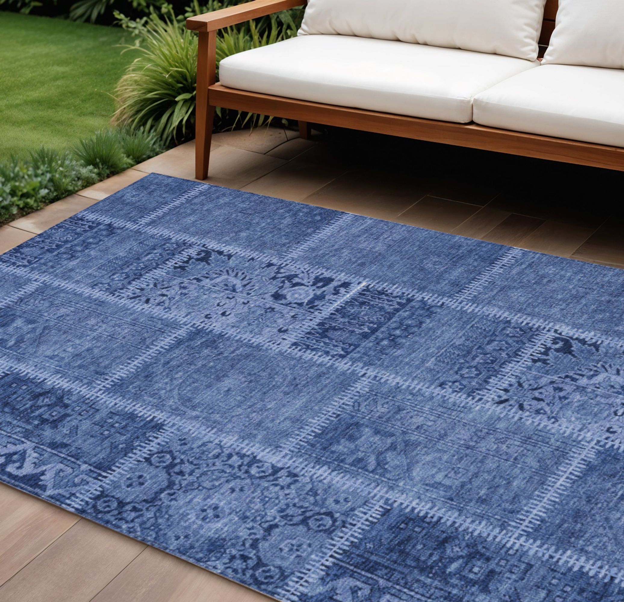 10' X 14' Navy Blue And Denim Blue Patchwork Washable Indoor Outdoor Area Rug - 1 - Sports & Outdoor