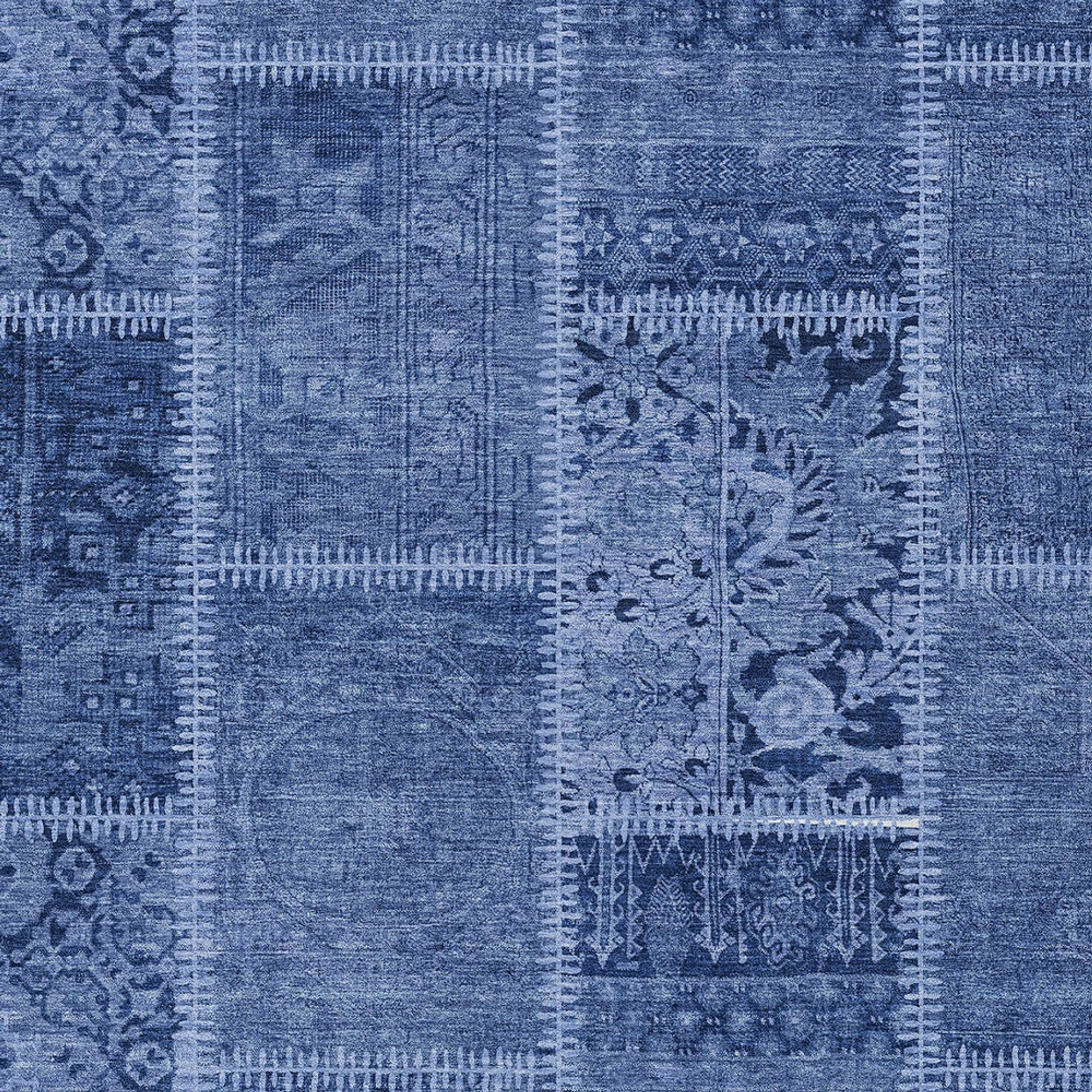 10' X 14' Navy Blue And Denim Blue Patchwork Washable Indoor Outdoor Area Rug - 1 - Sports & Outdoor