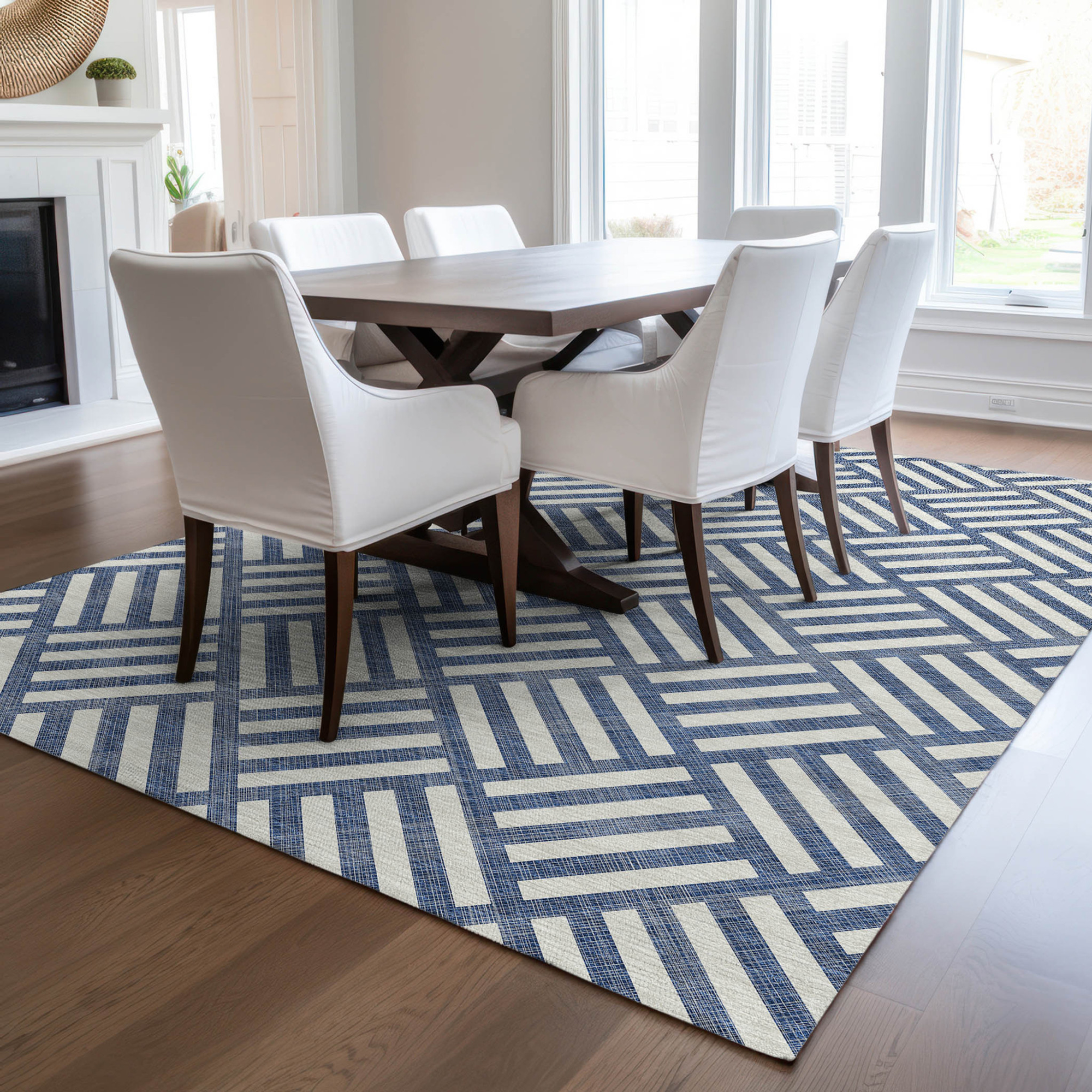 10' X 14' Navy Blue And Ivory Geometric Washable Indoor Outdoor Area Rug - 1 - Sports & Outdoor