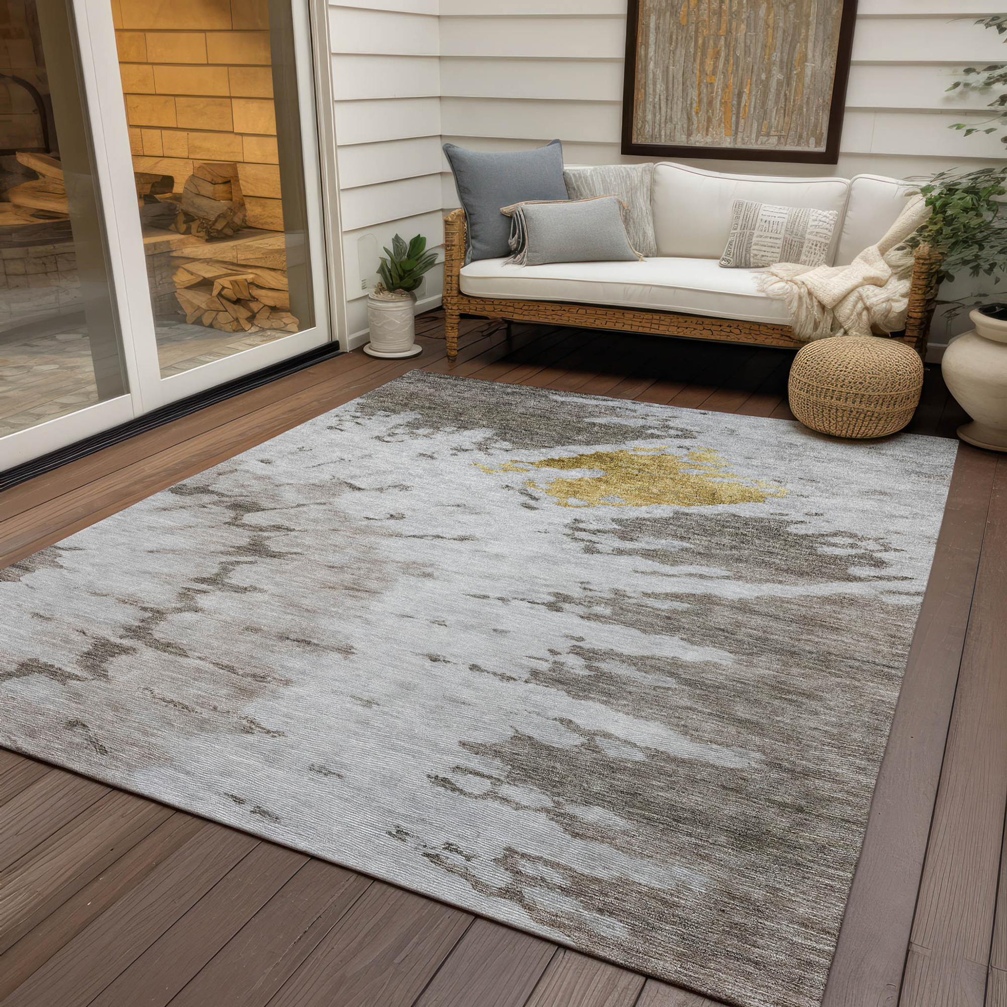9' X 12' Taupe Khaki And Ivory Abstract Washable Indoor Outdoor Area Rug Sports & Outdoor