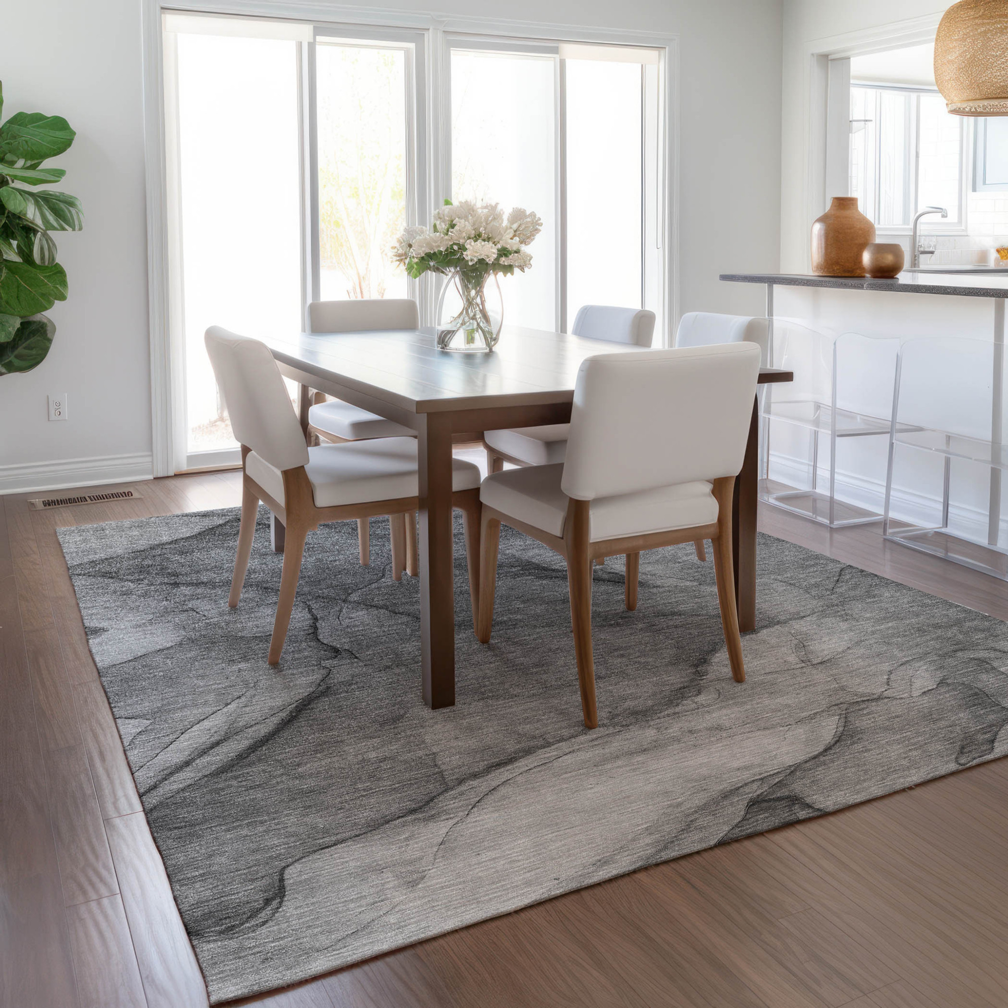 9' X 12' Gray Silver And Charcoal Abstract Washable Indoor Outdoor Area Rug Sports & Outdoor
