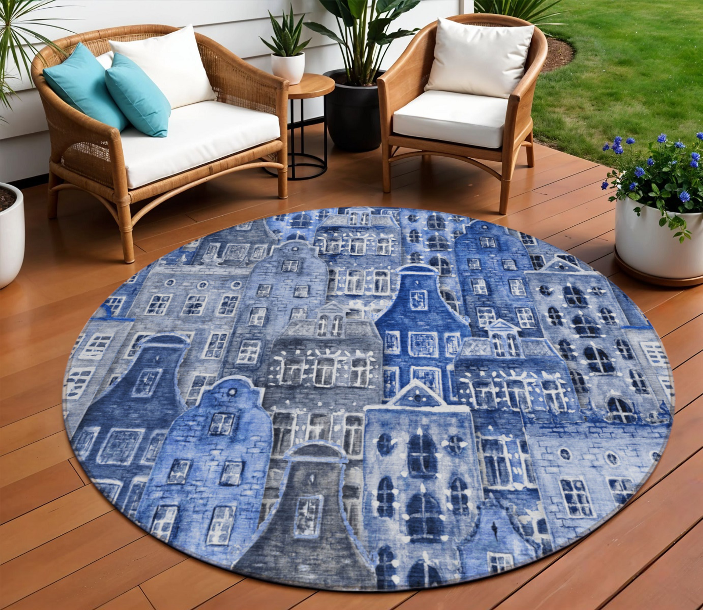 8' Navy Blue And Sky Blue Round Village Houses Washable Indoor Outdoor Area Rug Sports & Outdoor