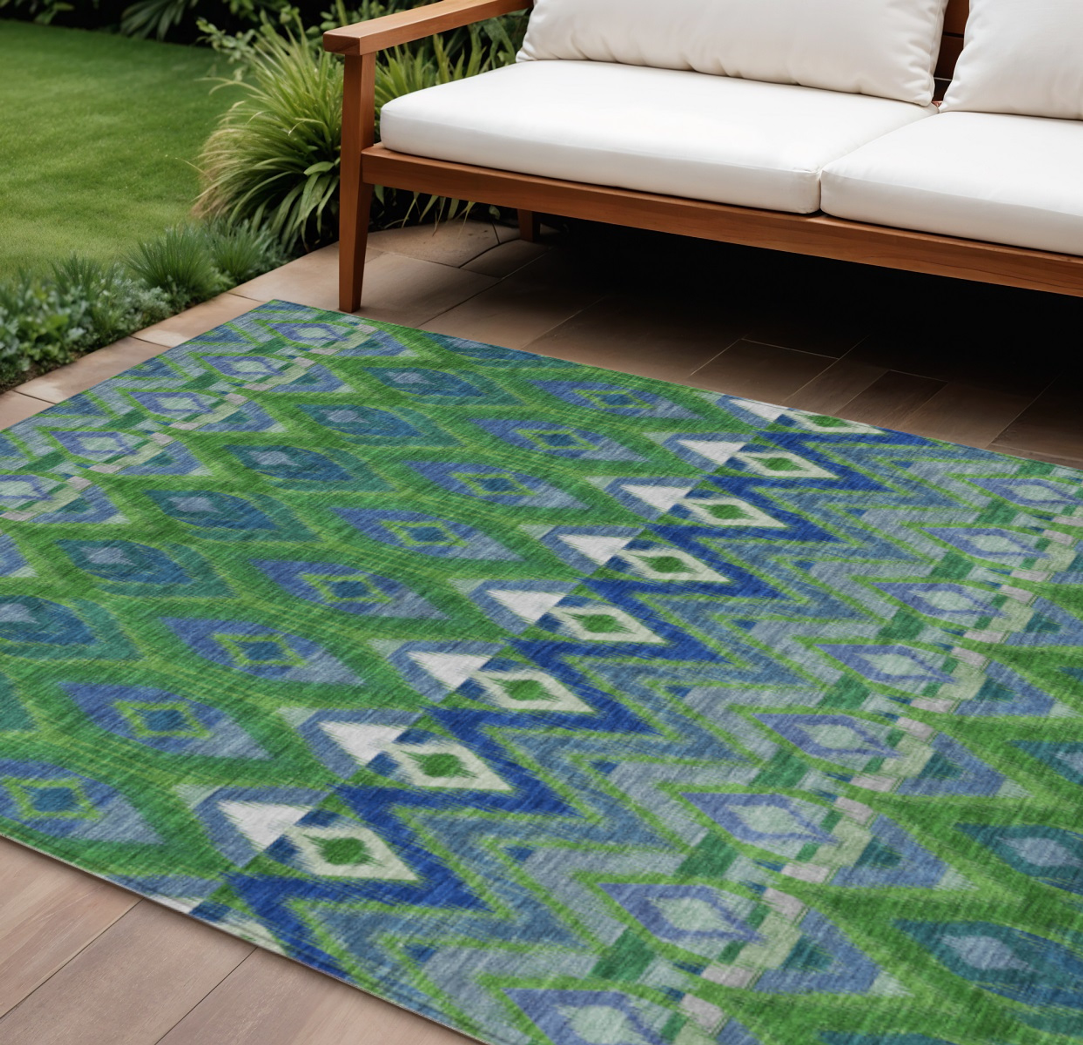 10' X 14' Green And Blue Southwestern Washable Indoor Outdoor Area Rug - 1 - Sports & Outdoor