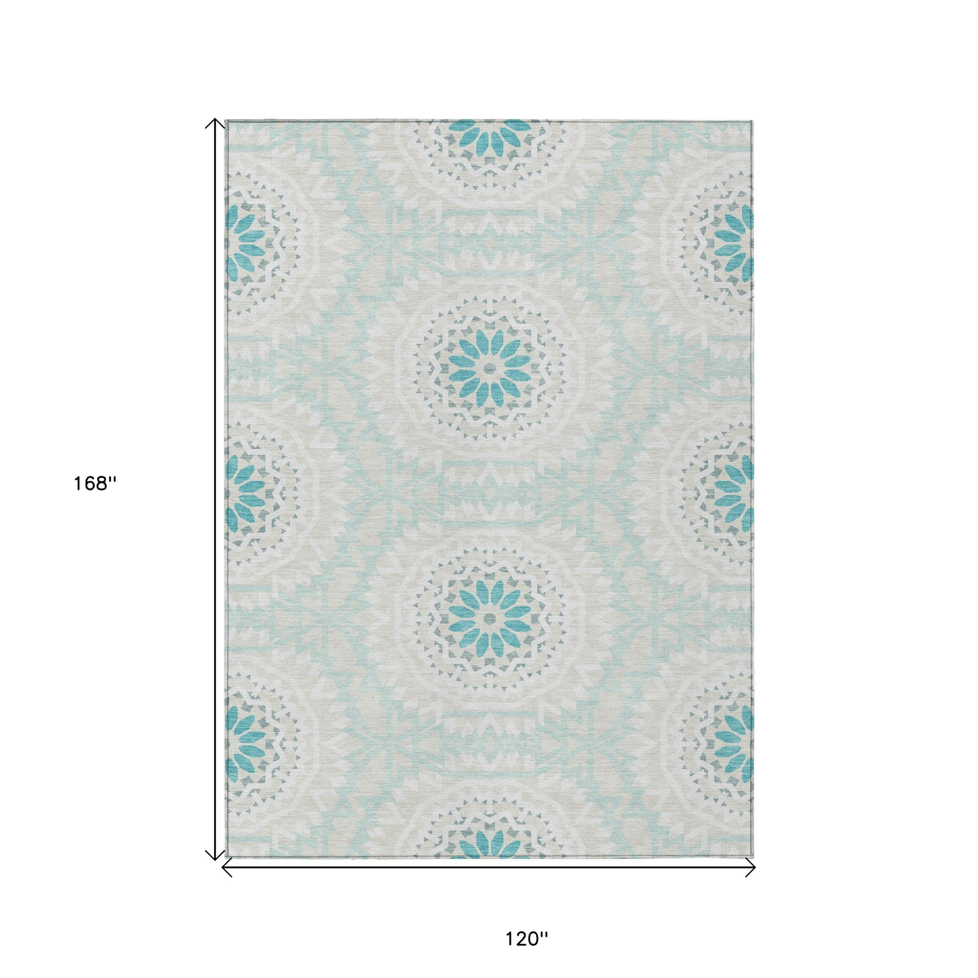 10' X 14' Teal Blue Beige And Ivory Floral Medallion Washable Indoor Outdoor Area Rug - 1 - Sports & Outdoor