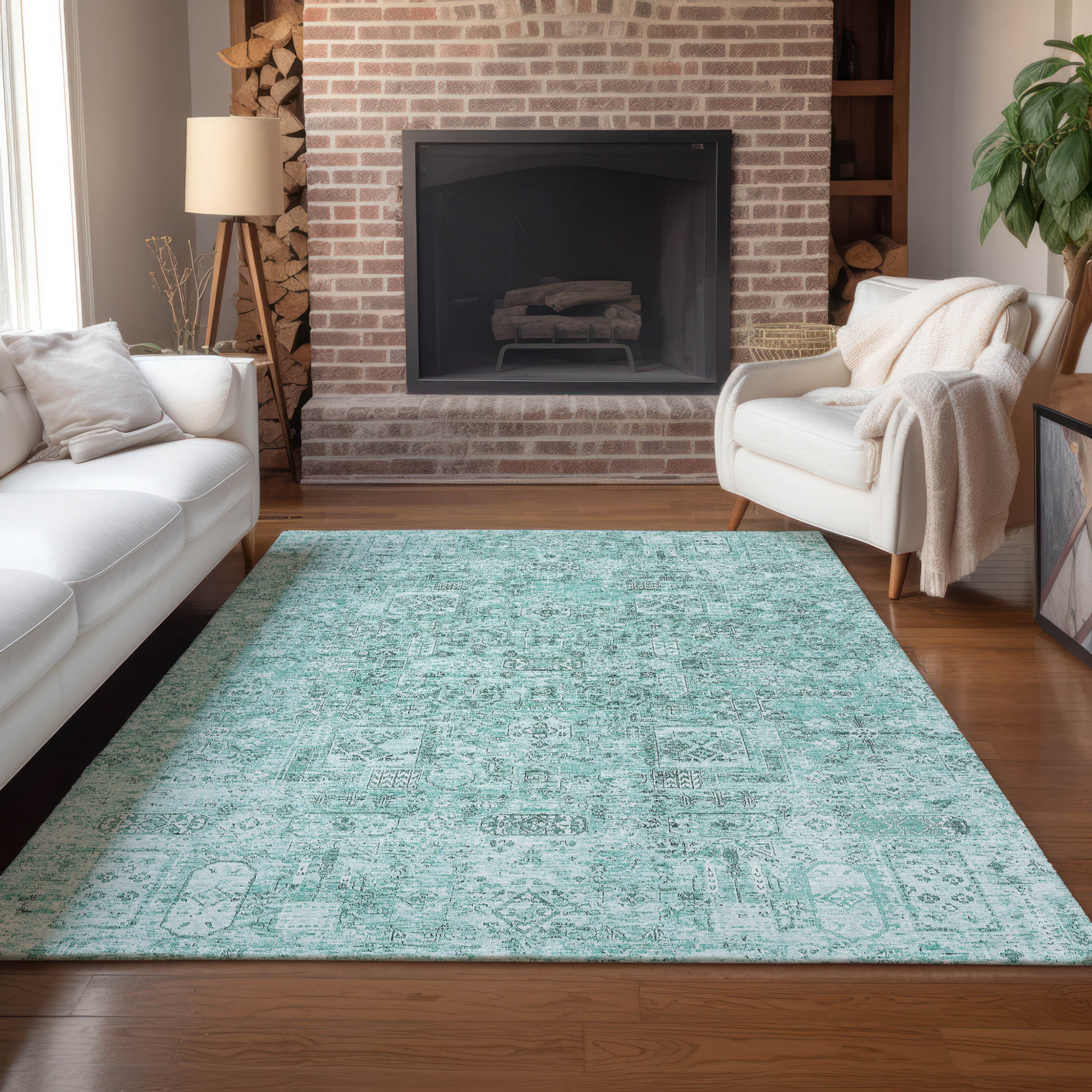 5' X 8' Teal Blue Aqua And Gray Floral Washable Indoor Outdoor Area Rug Sports & Outdoor