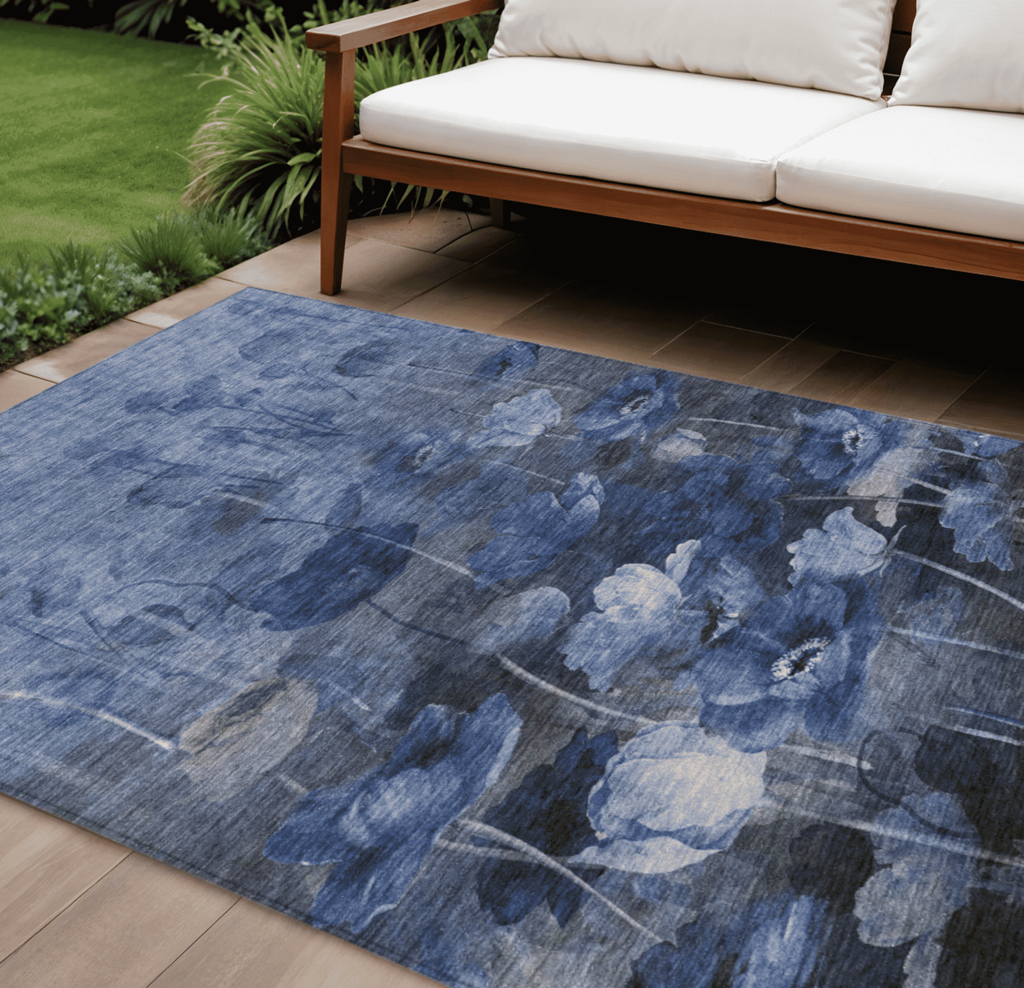 10' X 14' Navy Blue And Denim Blue Floral Washable Indoor Outdoor Area Rug - 1 - Sports & Outdoor