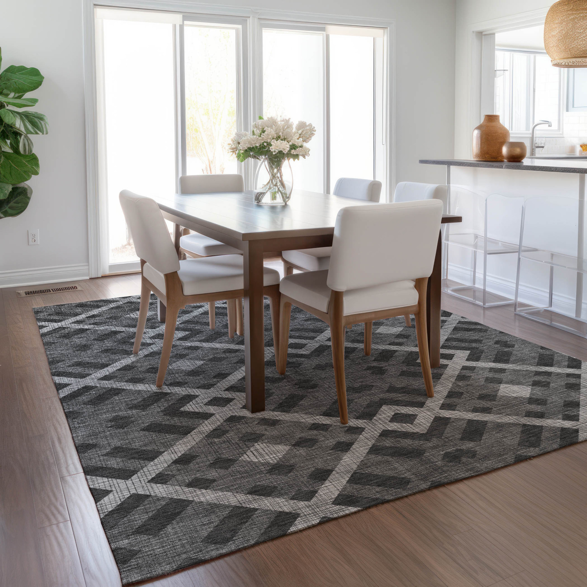 10' X 14' Charcoal Gray And Silver Geometric Washable Indoor Outdoor Area Rug Sports & Outdoor