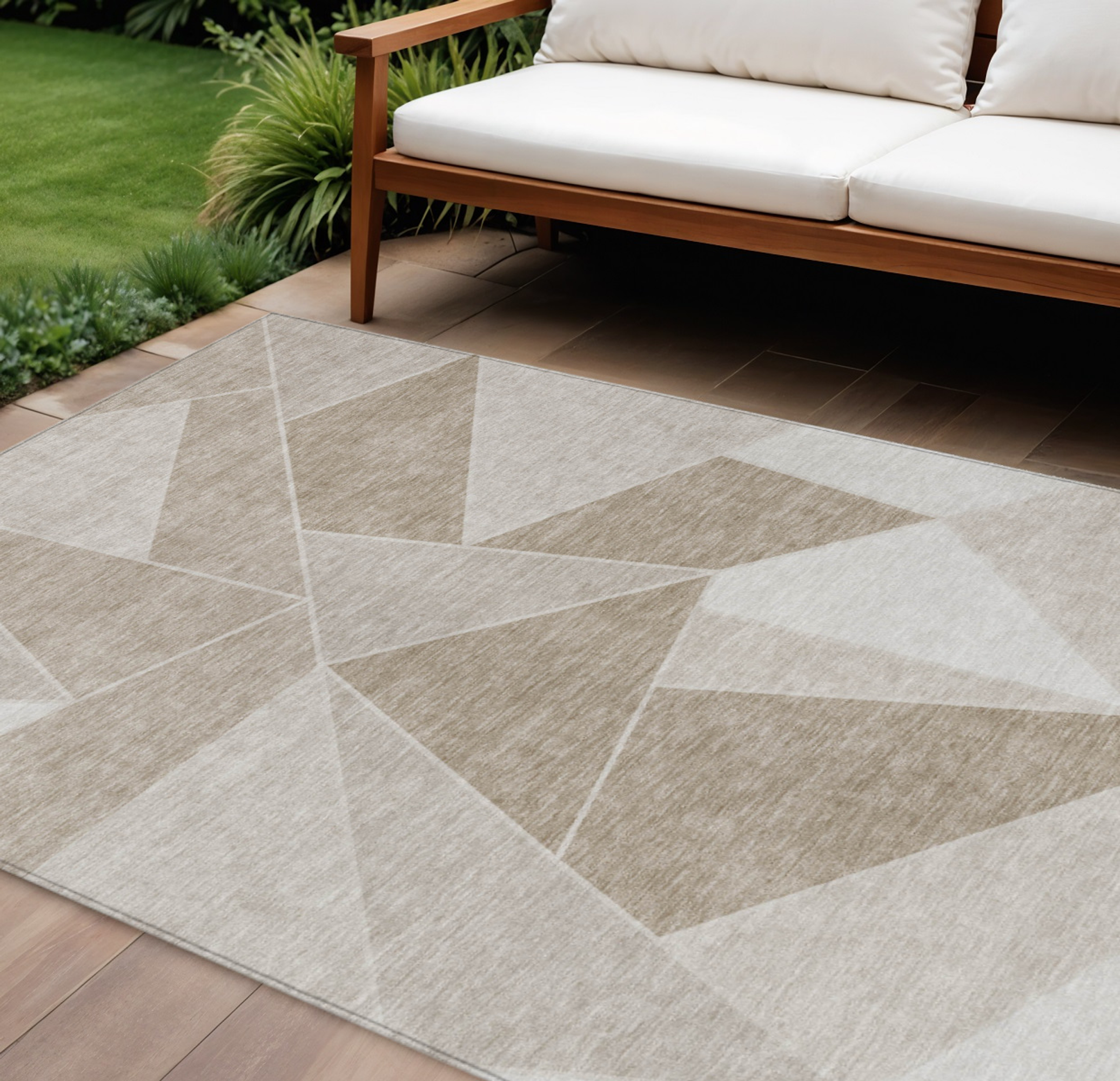 10' X 14' Taupe Brown And Beige Geometric Washable Indoor Outdoor Area Rug - 1 - Sports & Outdoor