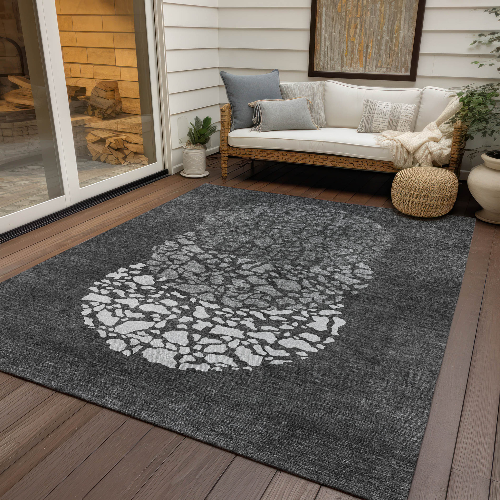 10' X 14' Charcoal Gray And Silver Abstract Washable Indoor Outdoor Area Rug - 1 - Sports & Outdoor