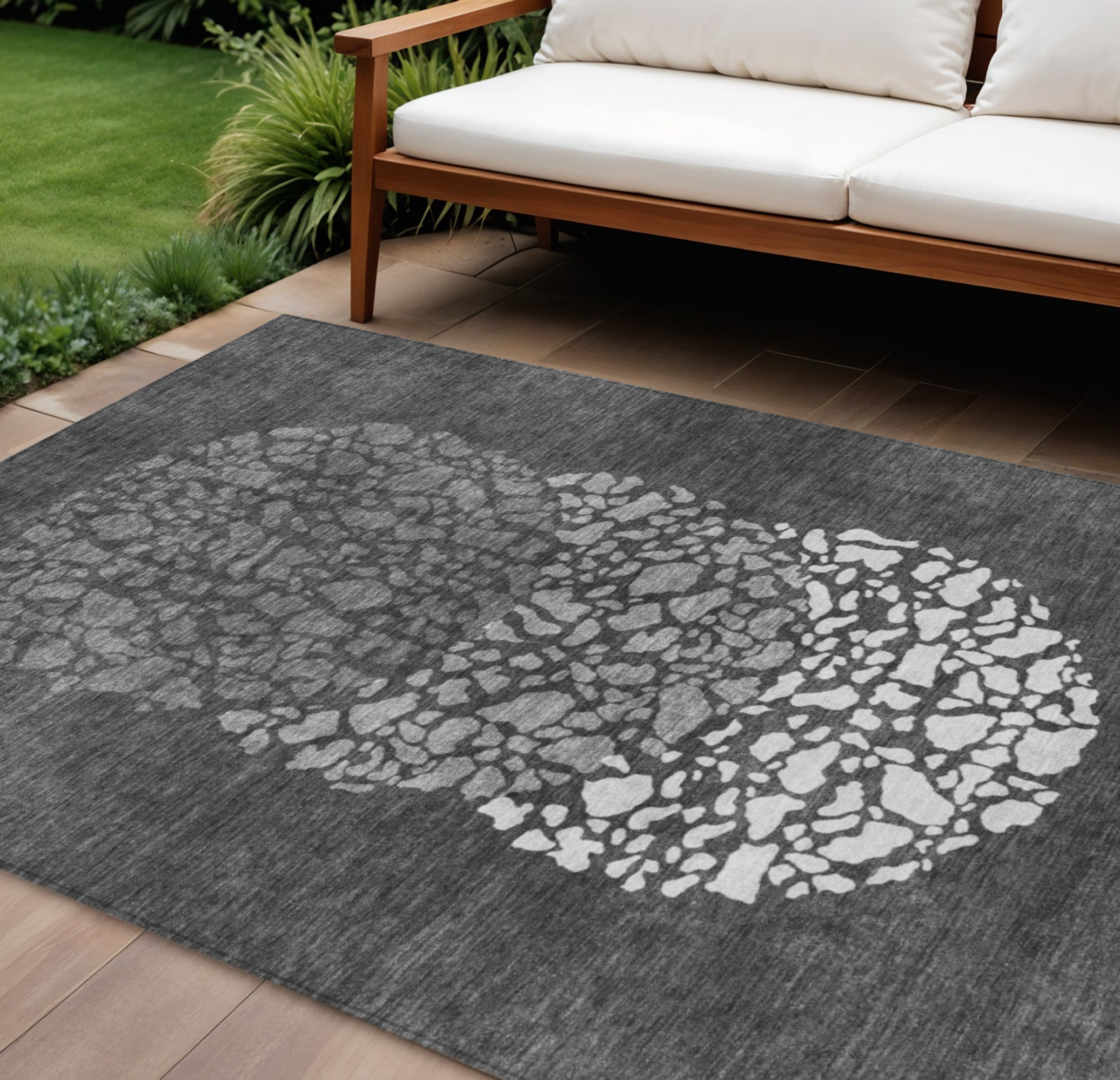 10' X 14' Charcoal Gray And Silver Abstract Washable Indoor Outdoor Area Rug - 1 - Sports & Outdoor