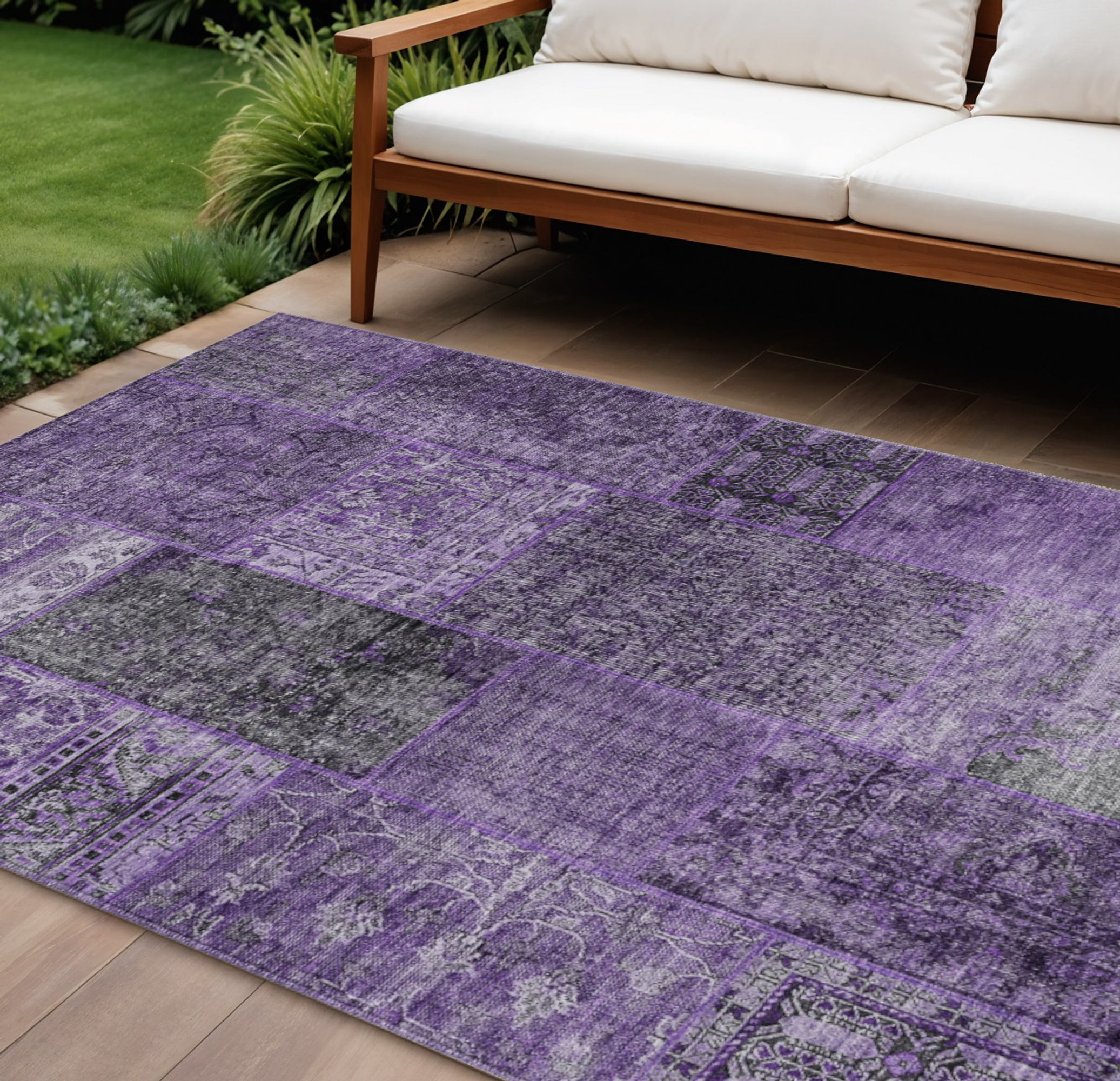 10' X 14' Eggplant Purple And Charcoal Patchwork Washable Indoor Outdoor Area Rug - 1 - Sports & Outdoor