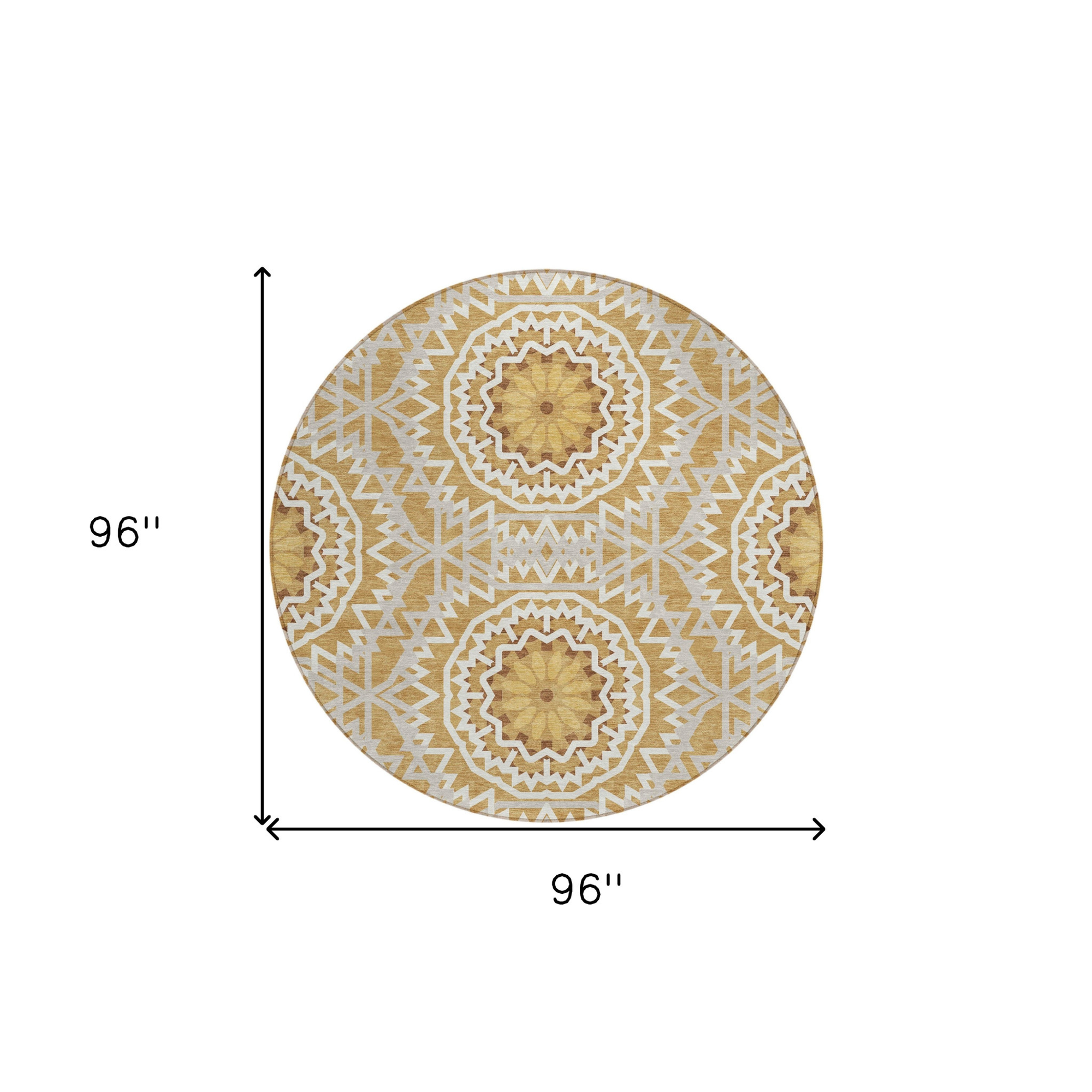 8' Gold Gray And Ivory Round Floral Medallion Washable Indoor Outdoor Area Rug Sports & Outdoor