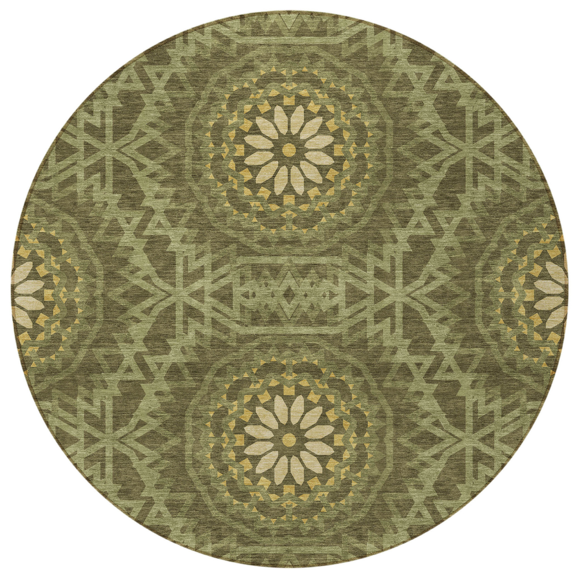 8' Olive Green Artichoke Green And Gold Round Floral Medallion Washable Indoor Outdoor Area Rug Sports & Outdoor