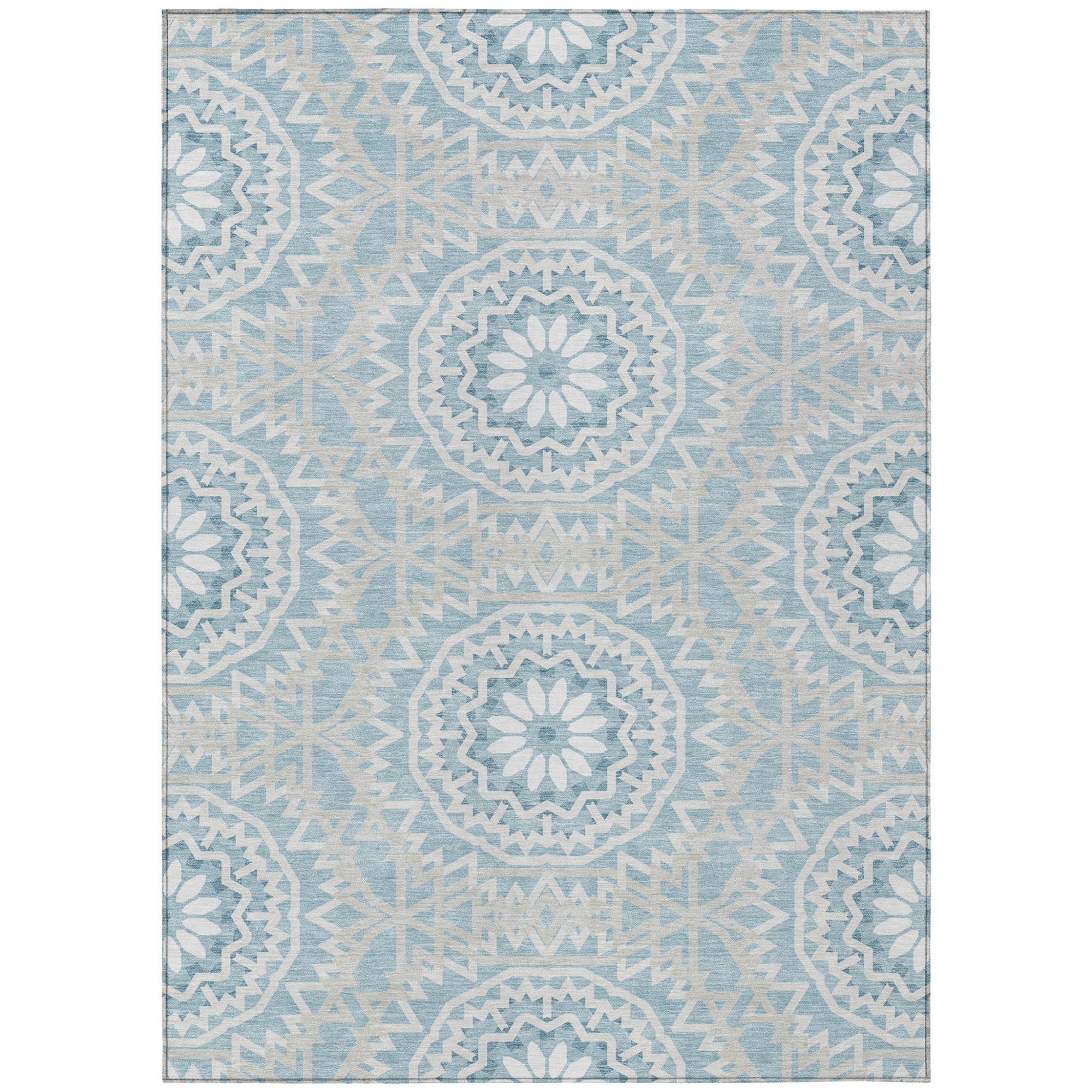 10' X 14' Denim Blue And Ivory Floral Medallion Washable Indoor Outdoor Area Rug - 1 - Sports & Outdoor