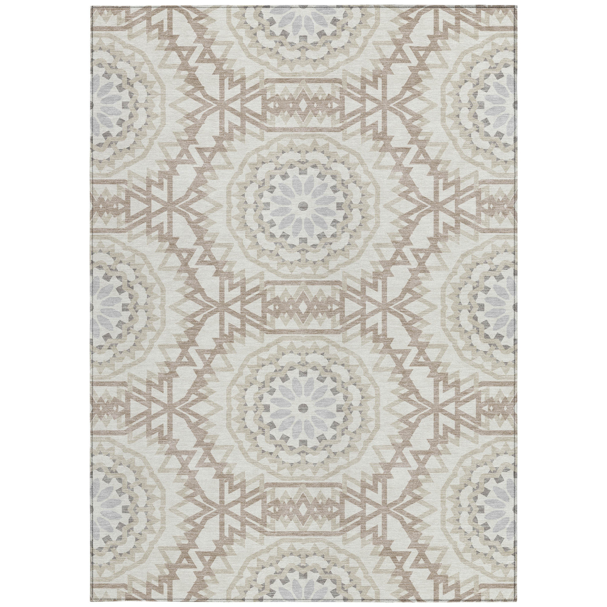 5' X 8' Ivory Beige And Silver Floral Medallion Washable Indoor Outdoor Area Rug Sports & Outdoor