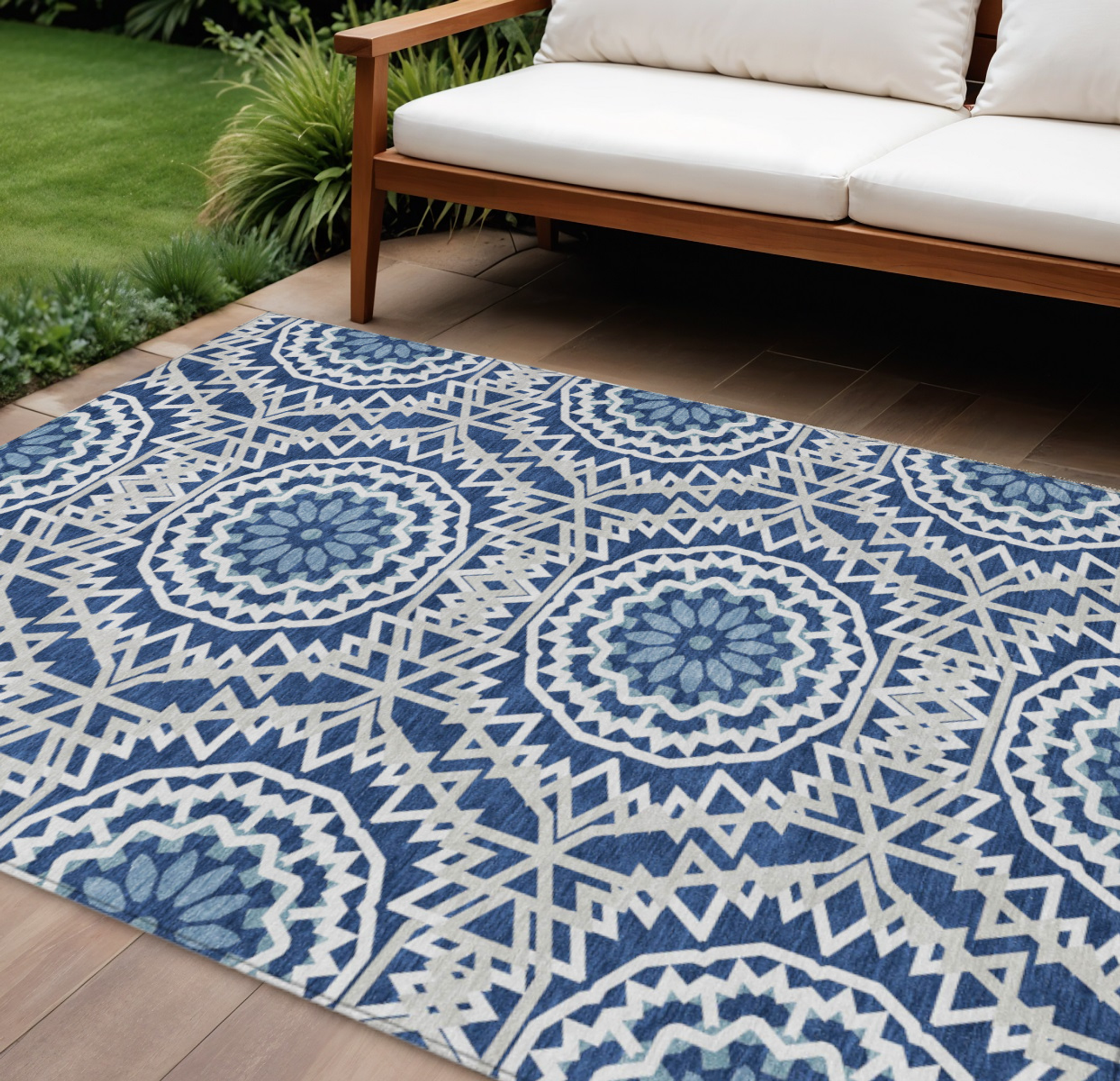 8' X 10' Navy Blue Ivory And Gray Floral Medallion Washable Indoor Outdoor Area Rug Sports & Outdoor