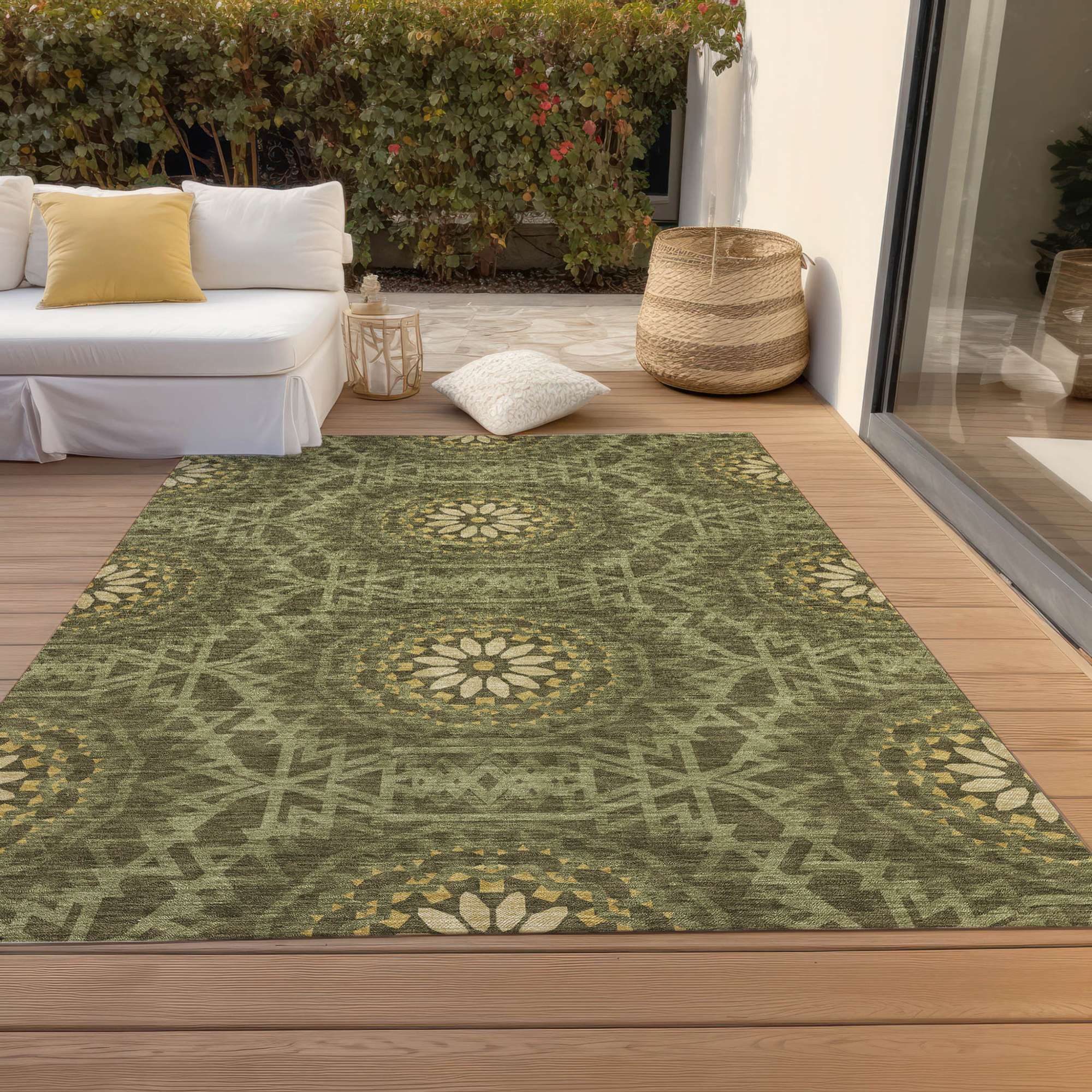 9' X 12' Olive Green Artichoke Green And Gold Floral Medallion Washable Indoor Outdoor Area Rug Sports & Outdoor