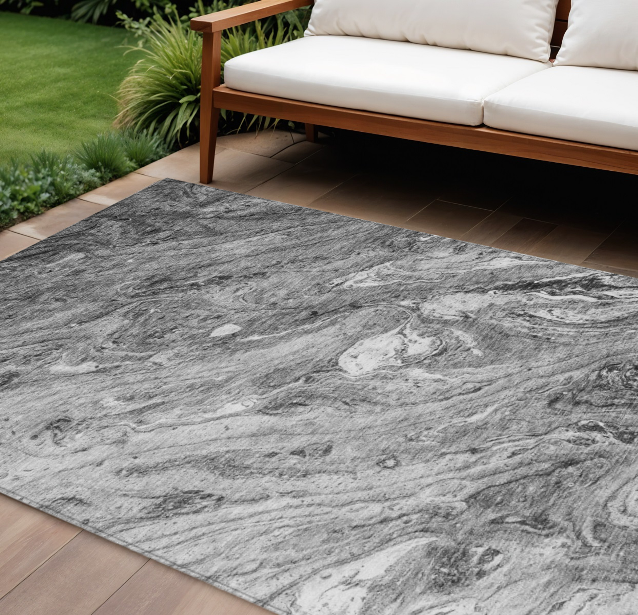 10' X 14' Gray Silver And Charcoal Abstract Washable Indoor Outdoor Area Rug - 1 - Sports & Outdoor