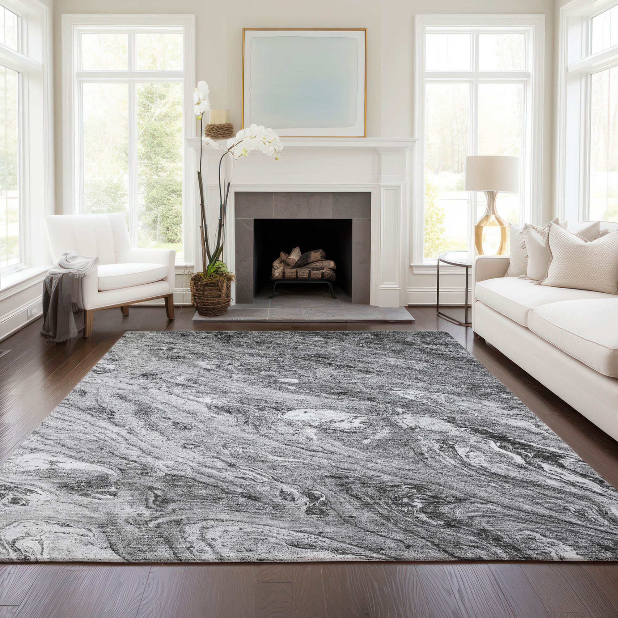 10' X 14' Gray Silver And Charcoal Abstract Washable Indoor Outdoor Area Rug - 1 - Sports & Outdoor