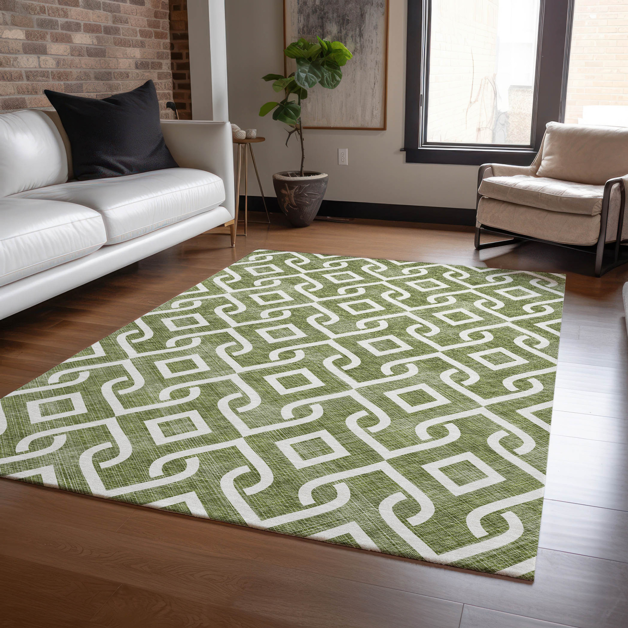 10' X 14' Olive Green And Ivory Geometric Washable Indoor Outdoor Area Rug - 1 - Sports & Outdoor
