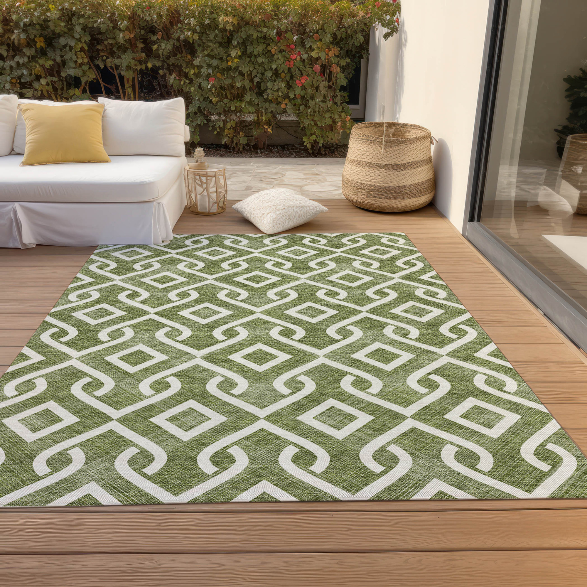 10' X 14' Olive Green And Ivory Geometric Washable Indoor Outdoor Area Rug - 1 - Sports & Outdoor