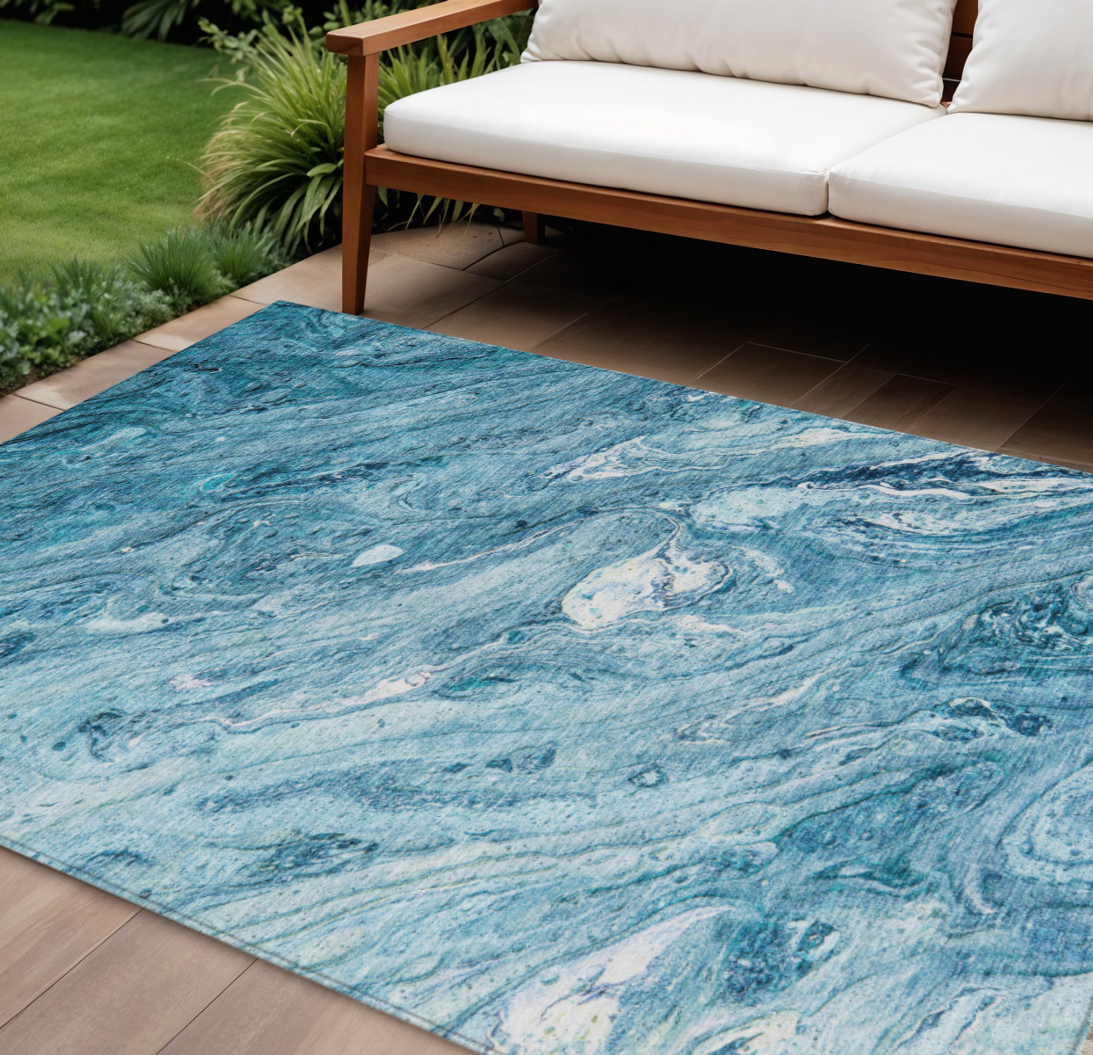 10' X 14' Sky Blue And Navy Blue Abstract Washable Indoor Outdoor Area Rug - 1 - Sports & Outdoor